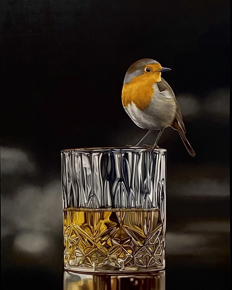 Robin on Whiskey glass- 21st Century Contemporary Hyper Realistic painting  For Sale 4