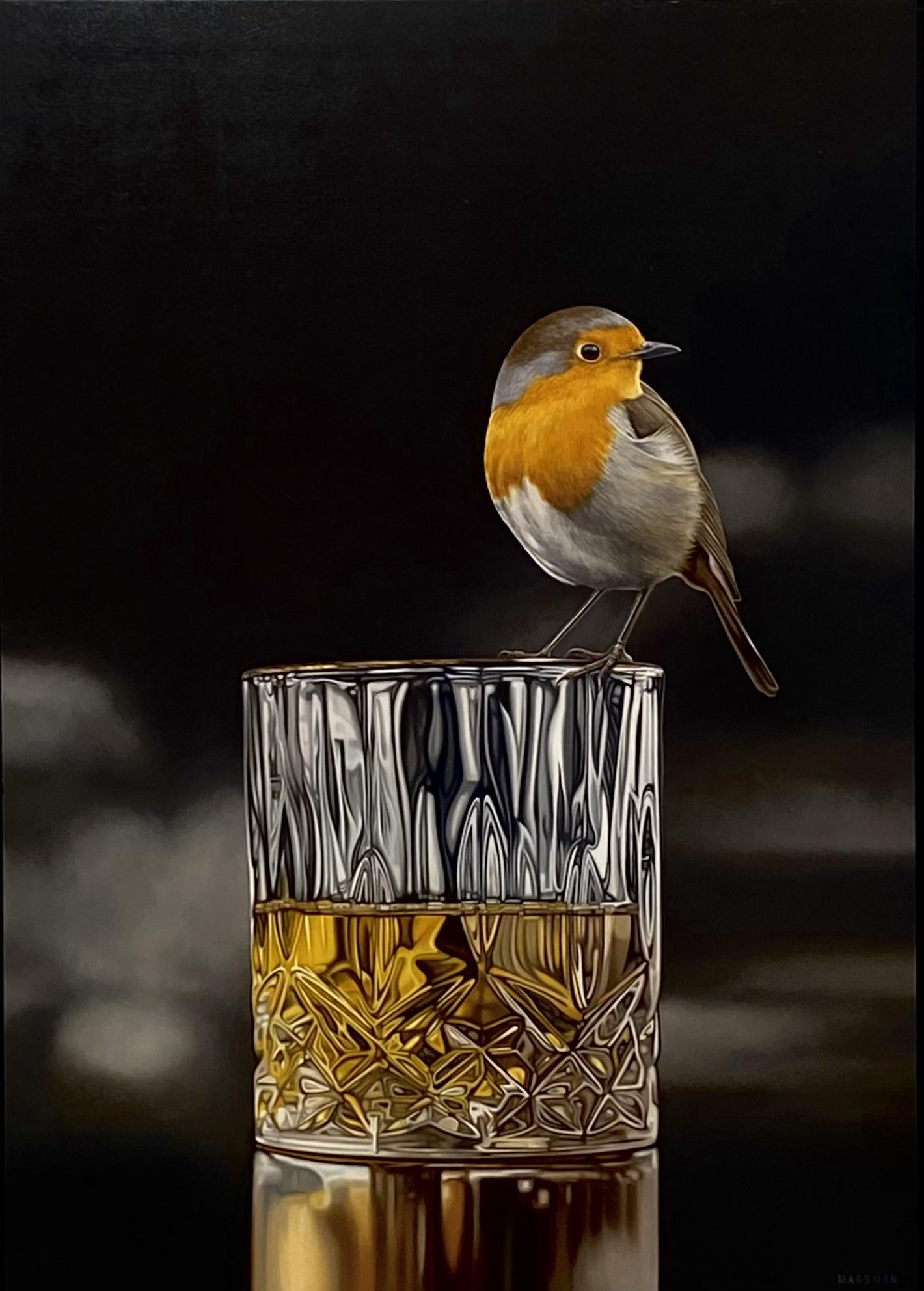 Robin versus Whiskey- 21st Century Contemporary oilpainting of a bird on a glass - Painting by JP Marsman