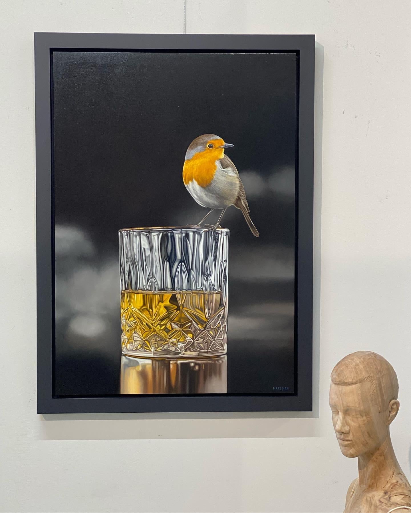 Robin versus Whiskey- 21st Century Contemporary oilpainting of a bird on a glass 1