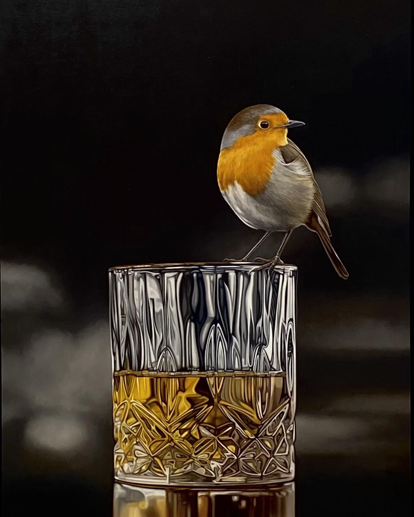 Robin versus Whiskey- 21st Century Contemporary oilpainting of a bird on a glass 3