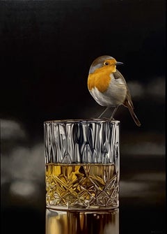 Robin versus Whiskey – Zeitgenössische Ölgemälde eines Vogels auf einem Glas, 21. Jahrhundert