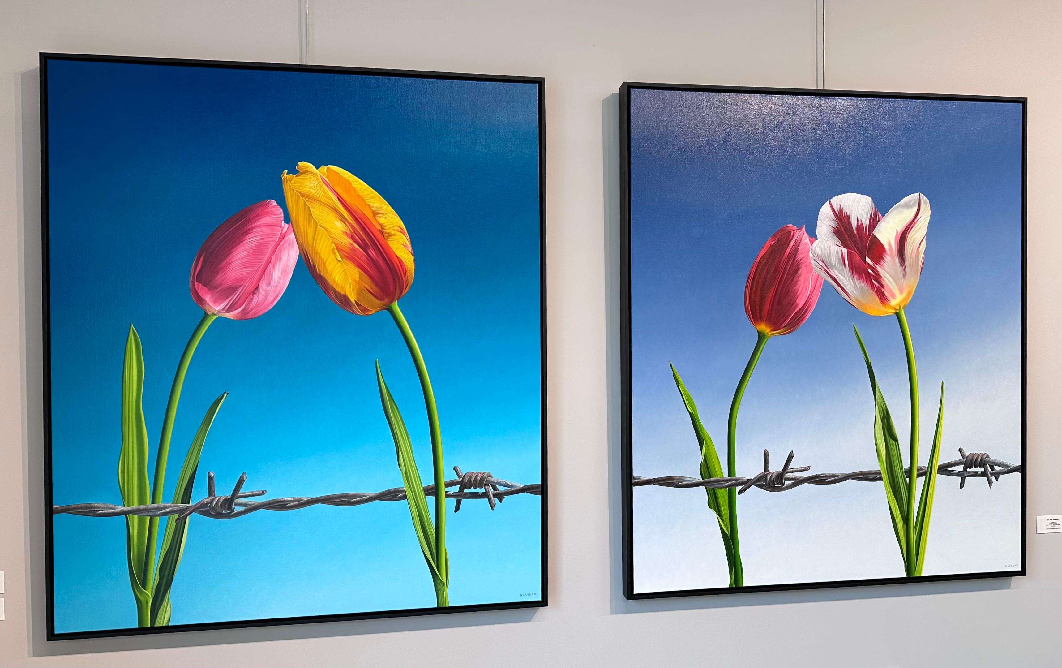 Without Borders- 21st Century  painting of two Tulips with barbed wire  - Painting by JP Marsman
