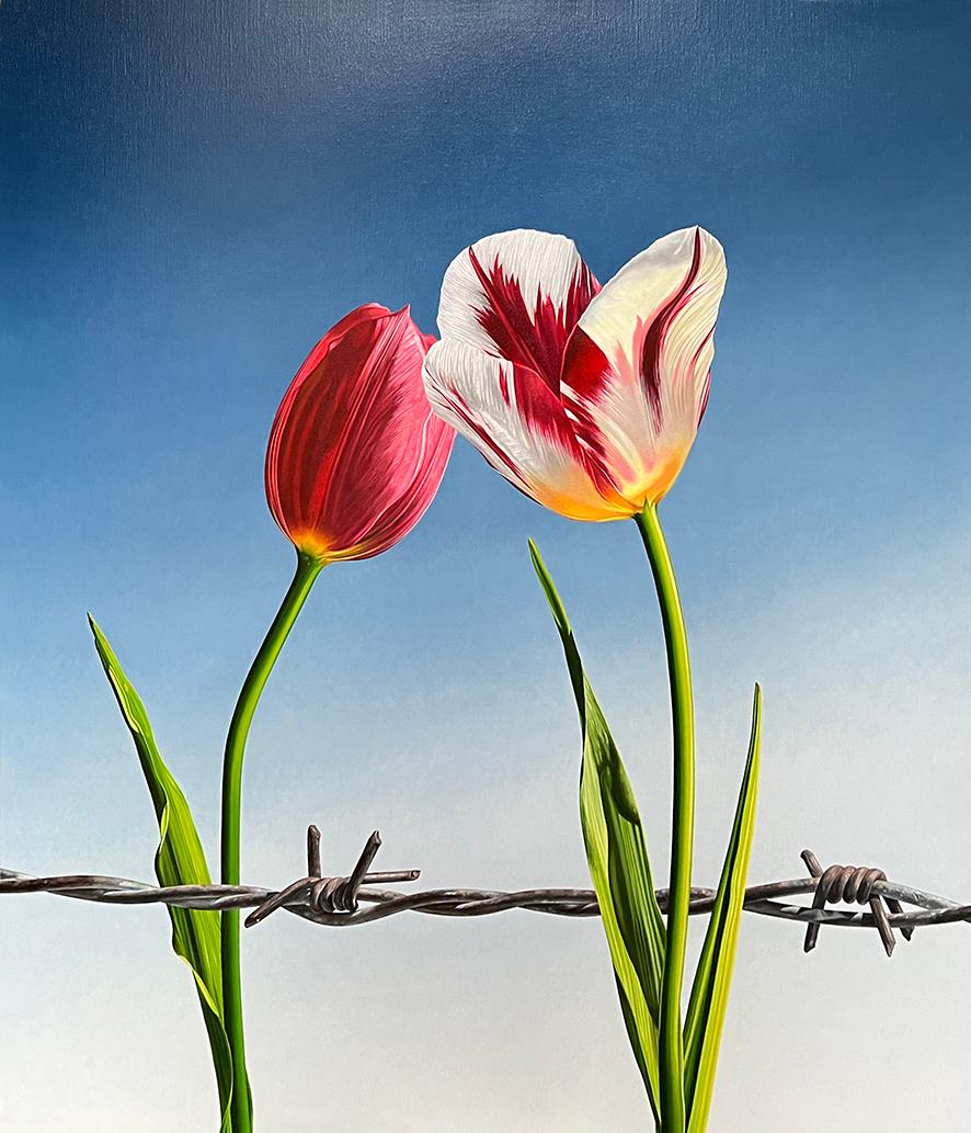 JP Marsman Figurative Painting - Without Borders- 21st Century  painting of two Tulips with barbed wire 