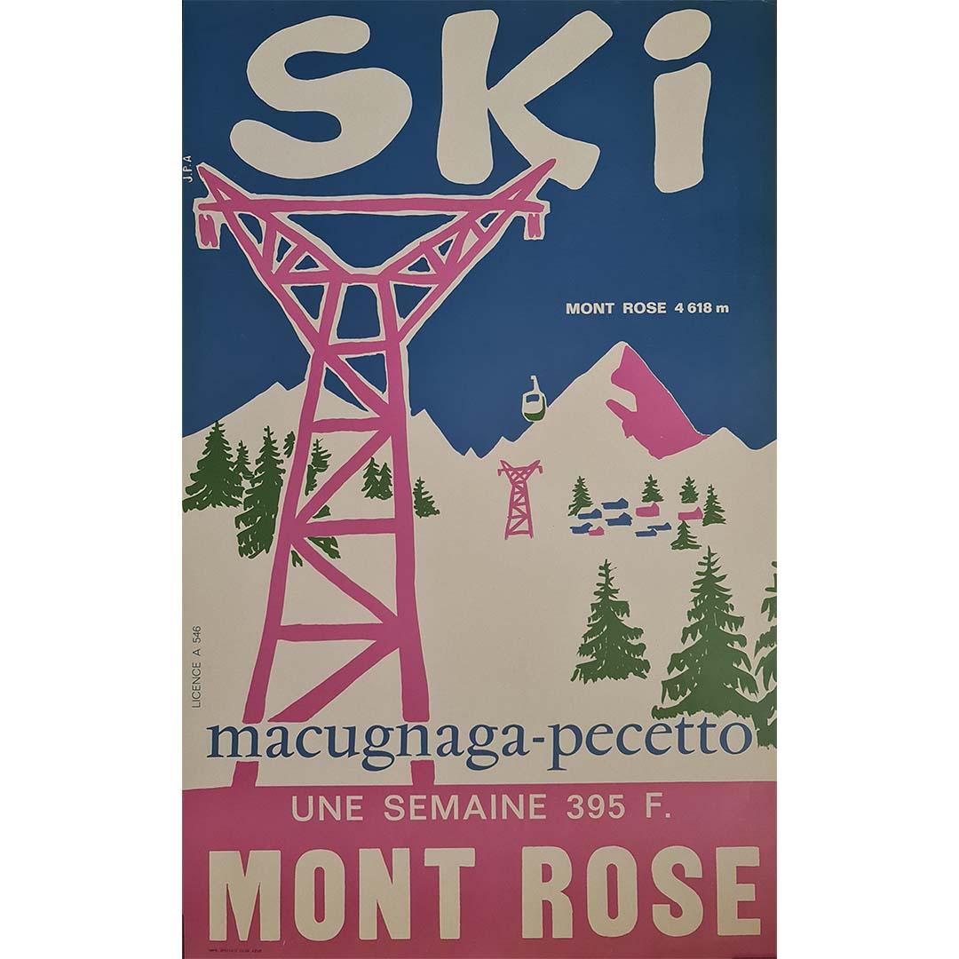 This charming original travel poster created circa 1960 by the artist J.P.A. promotes the celebrated Italian ski resort of Macugnaga-Pecetto, nestled at the foot of the majestic Monte Rosa massif in the Italian Alps.

With its bold simplified forms