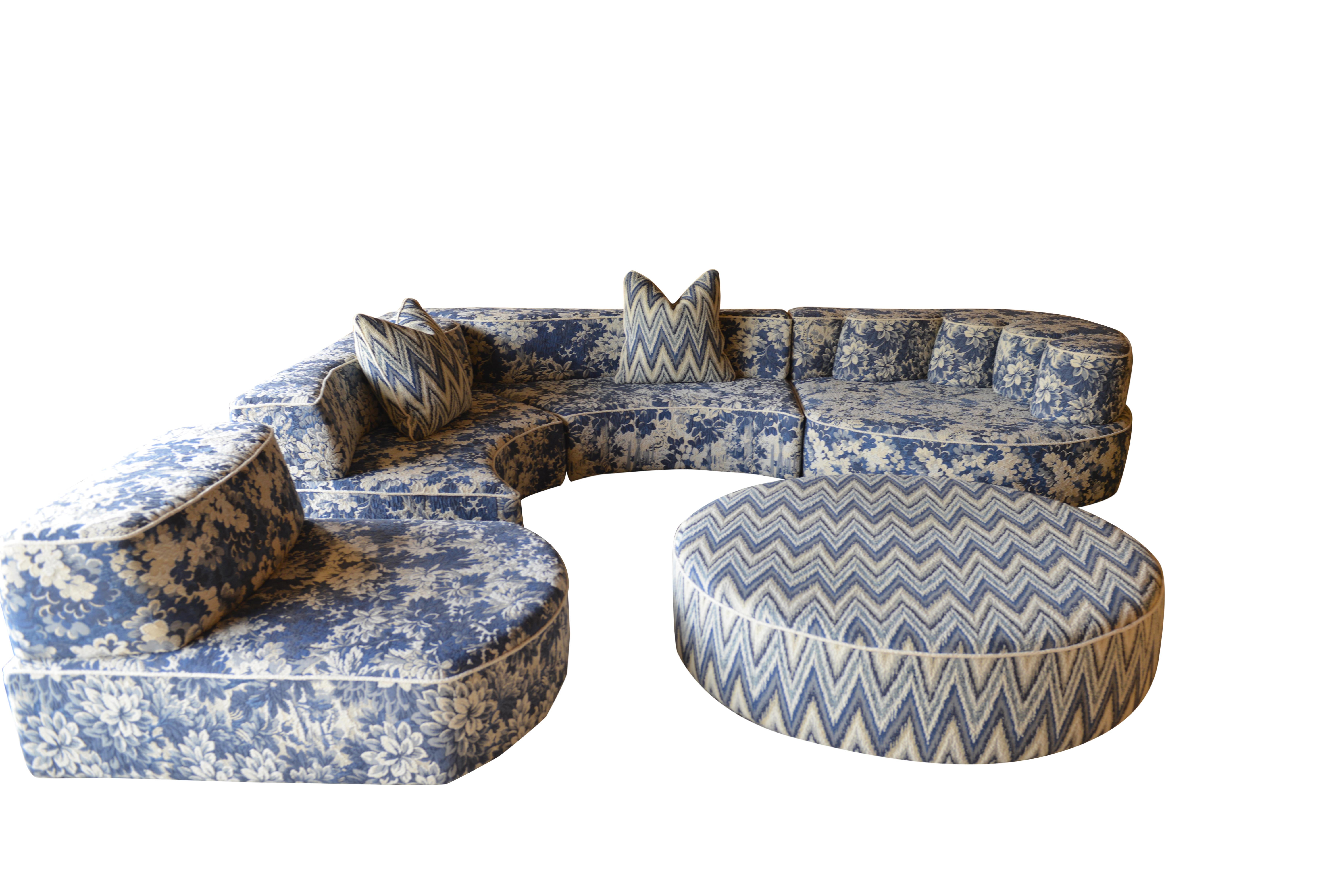 JPDemeyer Home collection five-piece modular sofa “Comporta” in blue verdure tapestry. Funky, off-the-wall modular five-piece island sofa in a polyurethane foam structure. Central ottoman piece can be used as a coffee table or as footrest pouf.