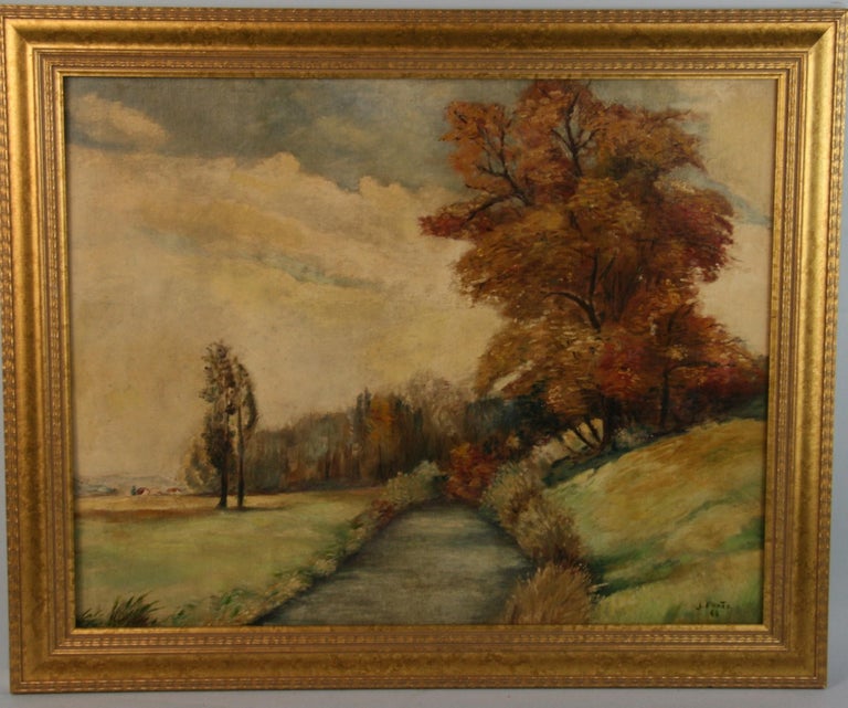 Antique French  Country Landscape Oil Painting 1941 - Brown Landscape Painting by J.Pento