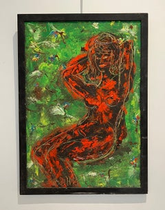 Sitting Naked Oil Painting on Wood, Framed, 1960s, 77x55 cm