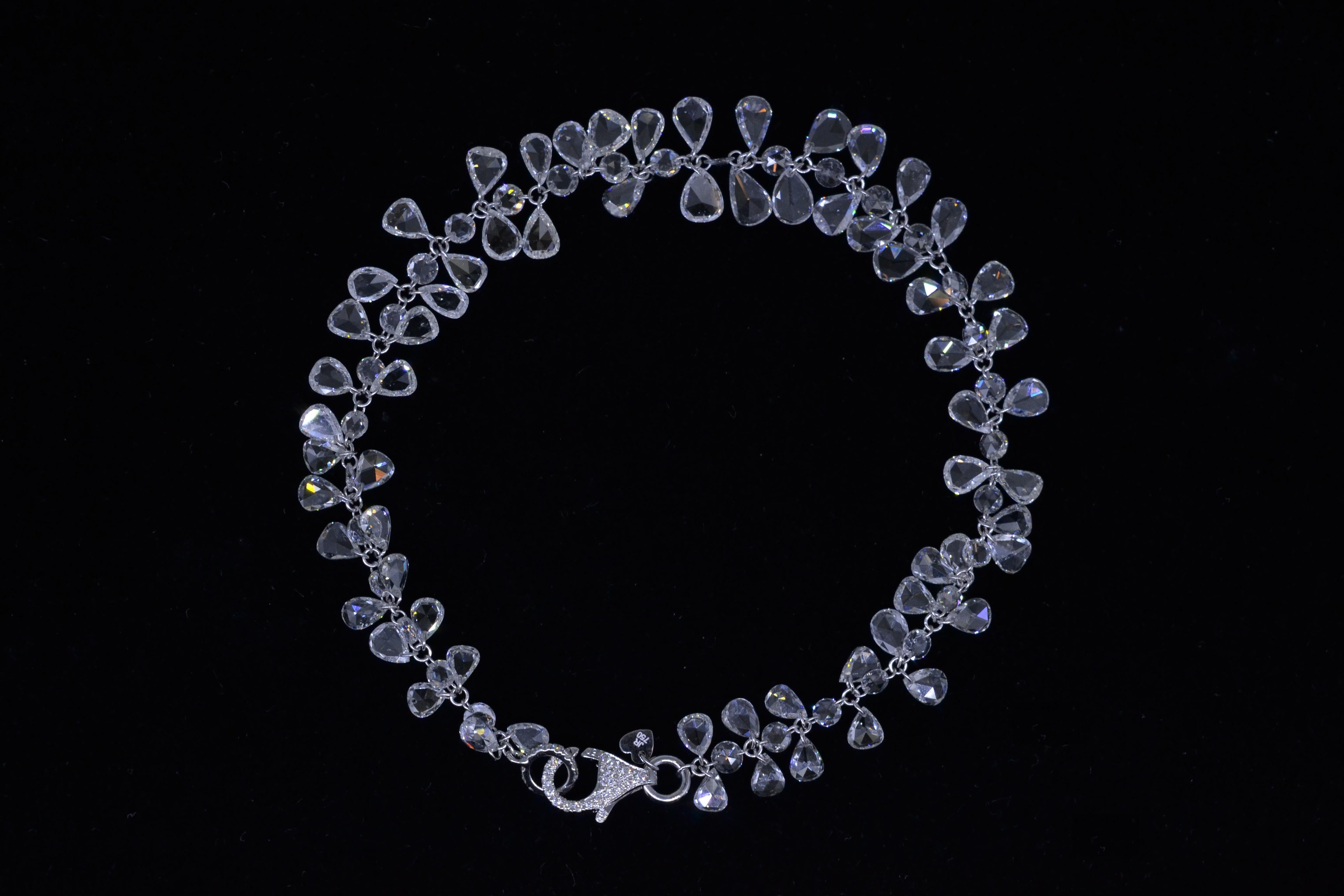 Contemporary JR 11.01 Carat Dangling Rose Cut Diamond 18 Karat White Gold Bracelet For Sale