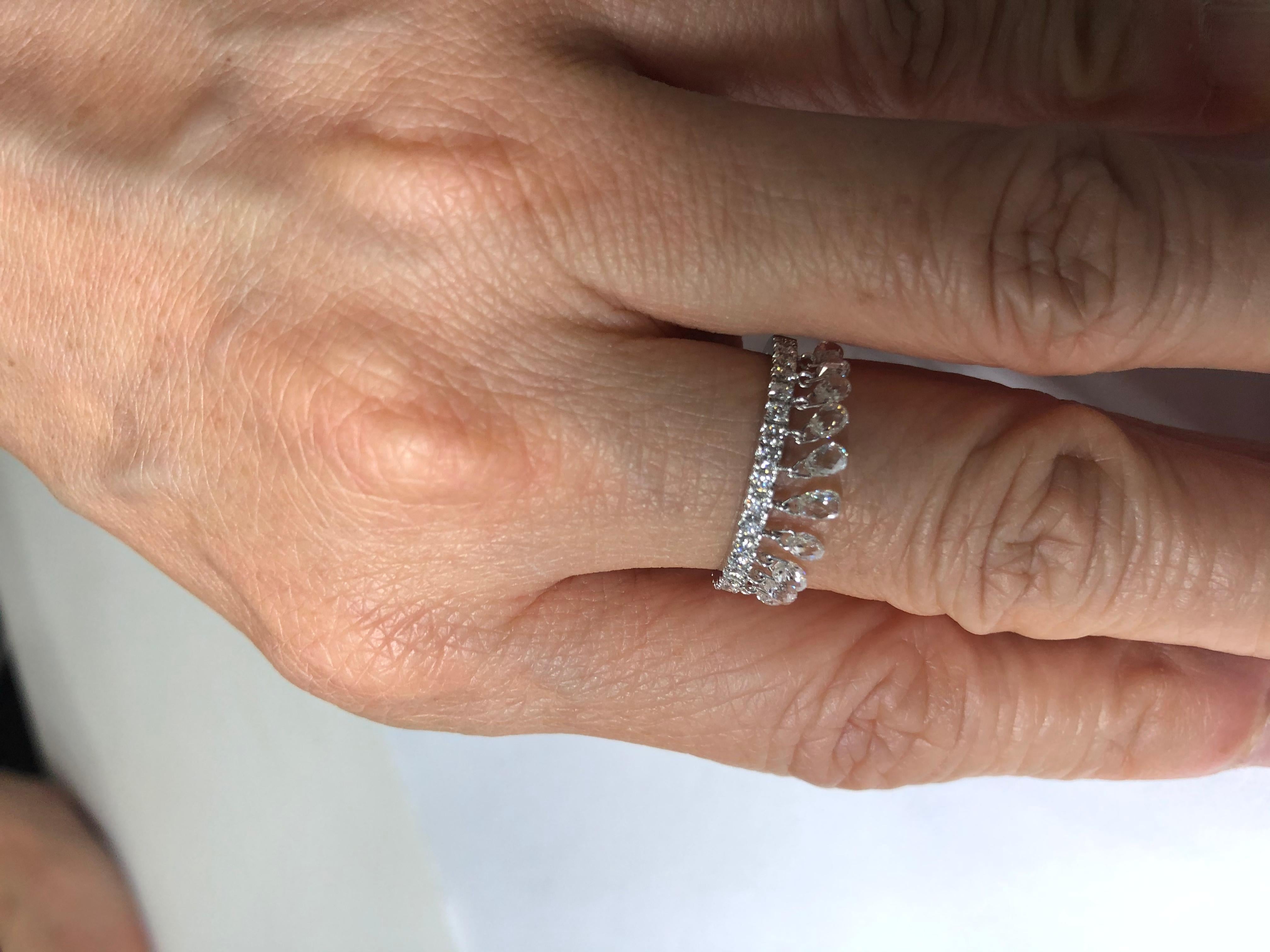 Modern JR 1.31 Carat Diamond Briolette Dangling Ring 18 Karat White Gold For Sale