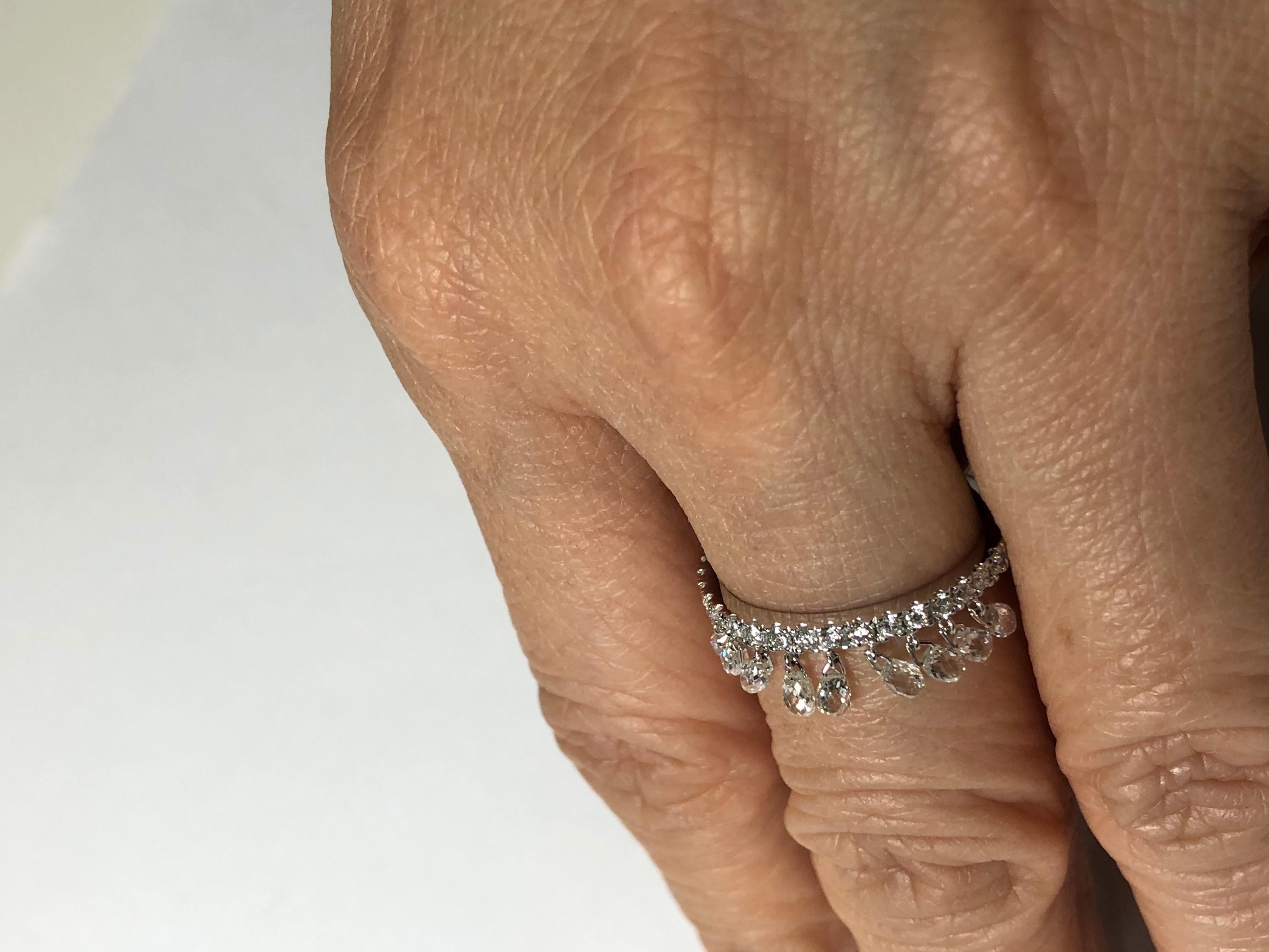 Modern JR 1.31 Carat Diamond Briolette Dangling Ring 18 Karat White Gold For Sale
