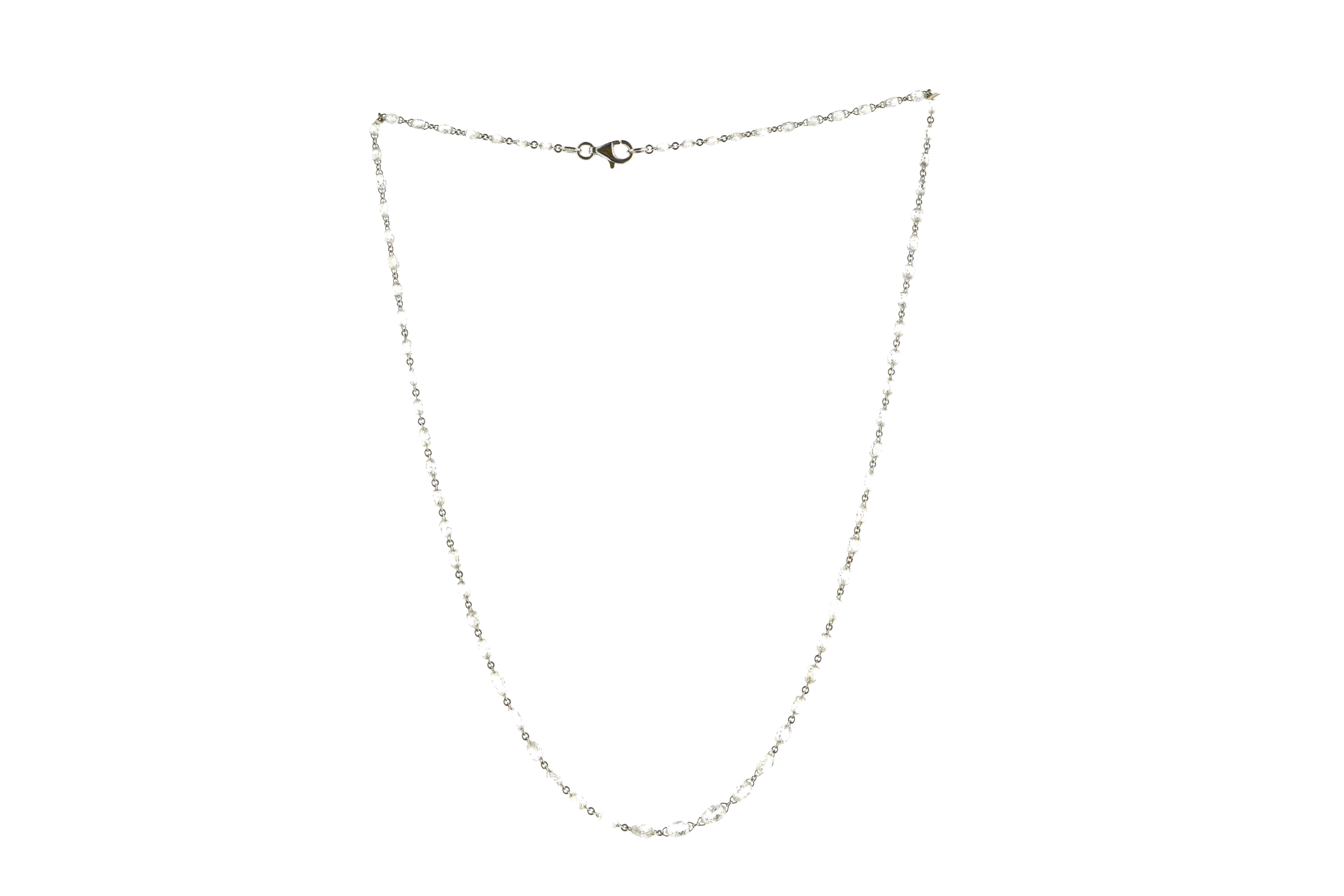 JR 15.14 Carat Briolette Cut Diamond 18 Karat White Gold Necklace

This statement necklace provides with a complete look in itself. Its made by White Briolette cut diamond linked with 18 karat White gold. 

Necklace length : 18