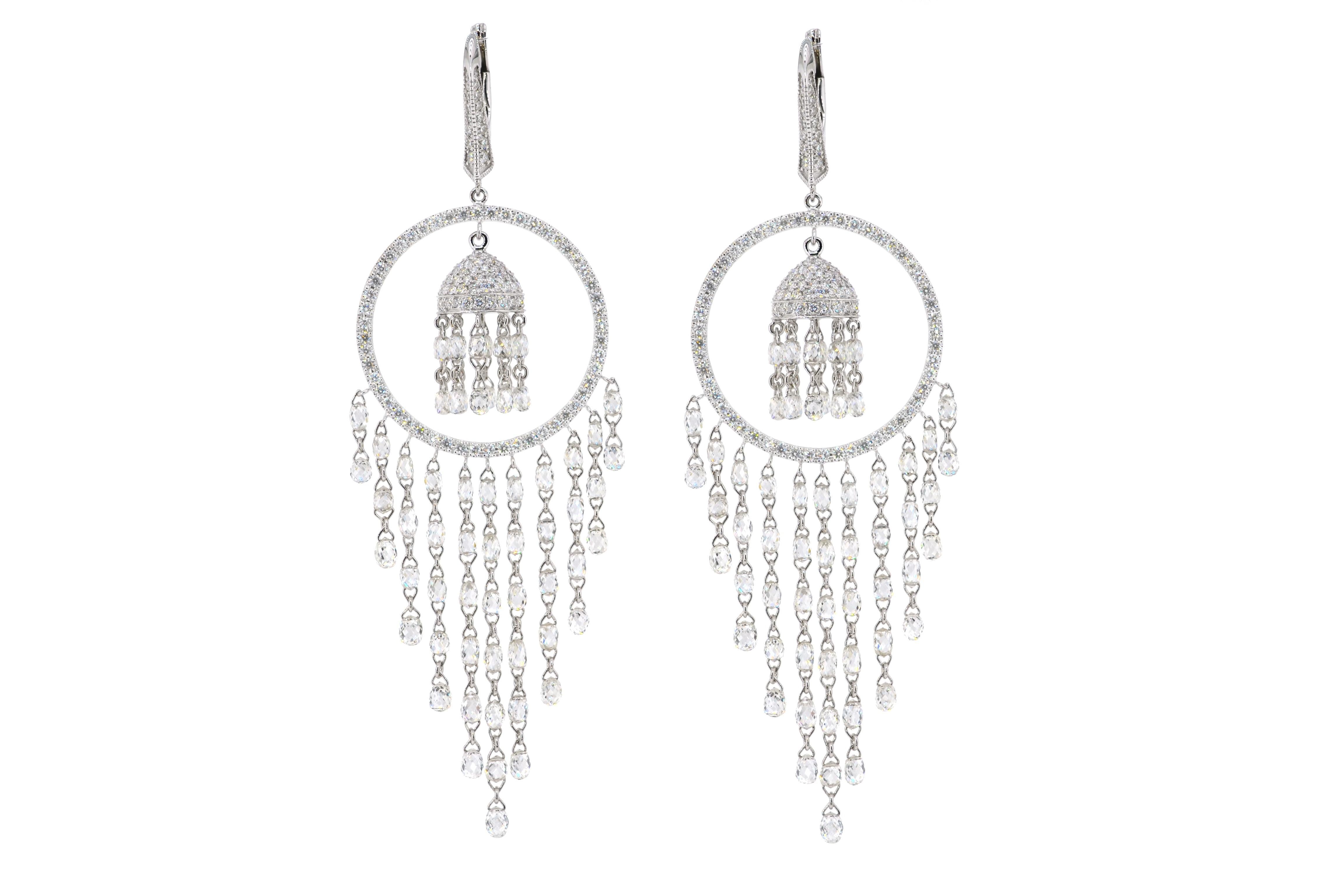 Briolette Cut JR 15.39 Carat Diamond Briolette Chandelier 18 Karat White Gold Earring For Sale
