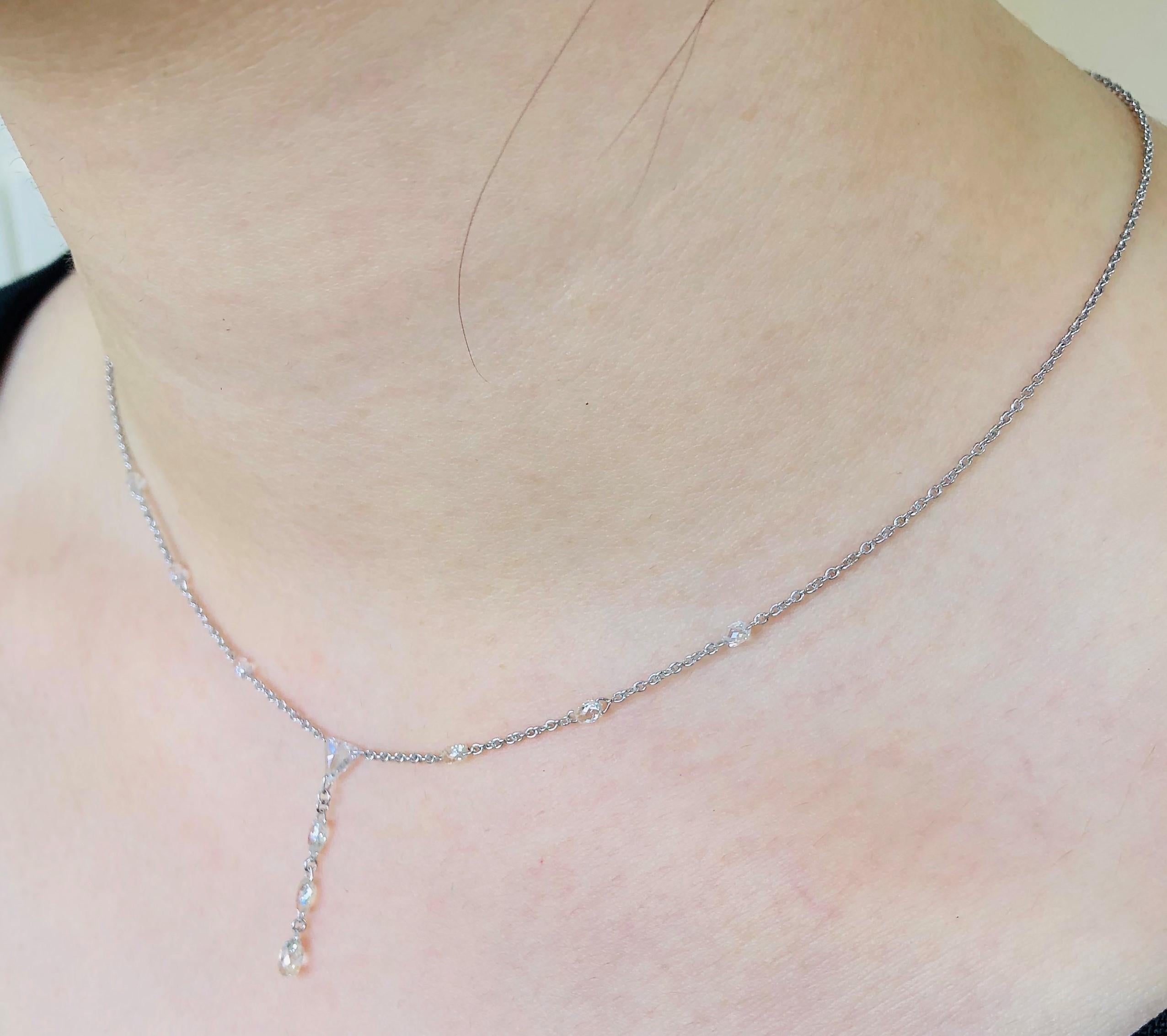 Women's JR 1.59 Carat Rose Cut Diamond 18 Karat White Gold Dangling Choker Necklace For Sale