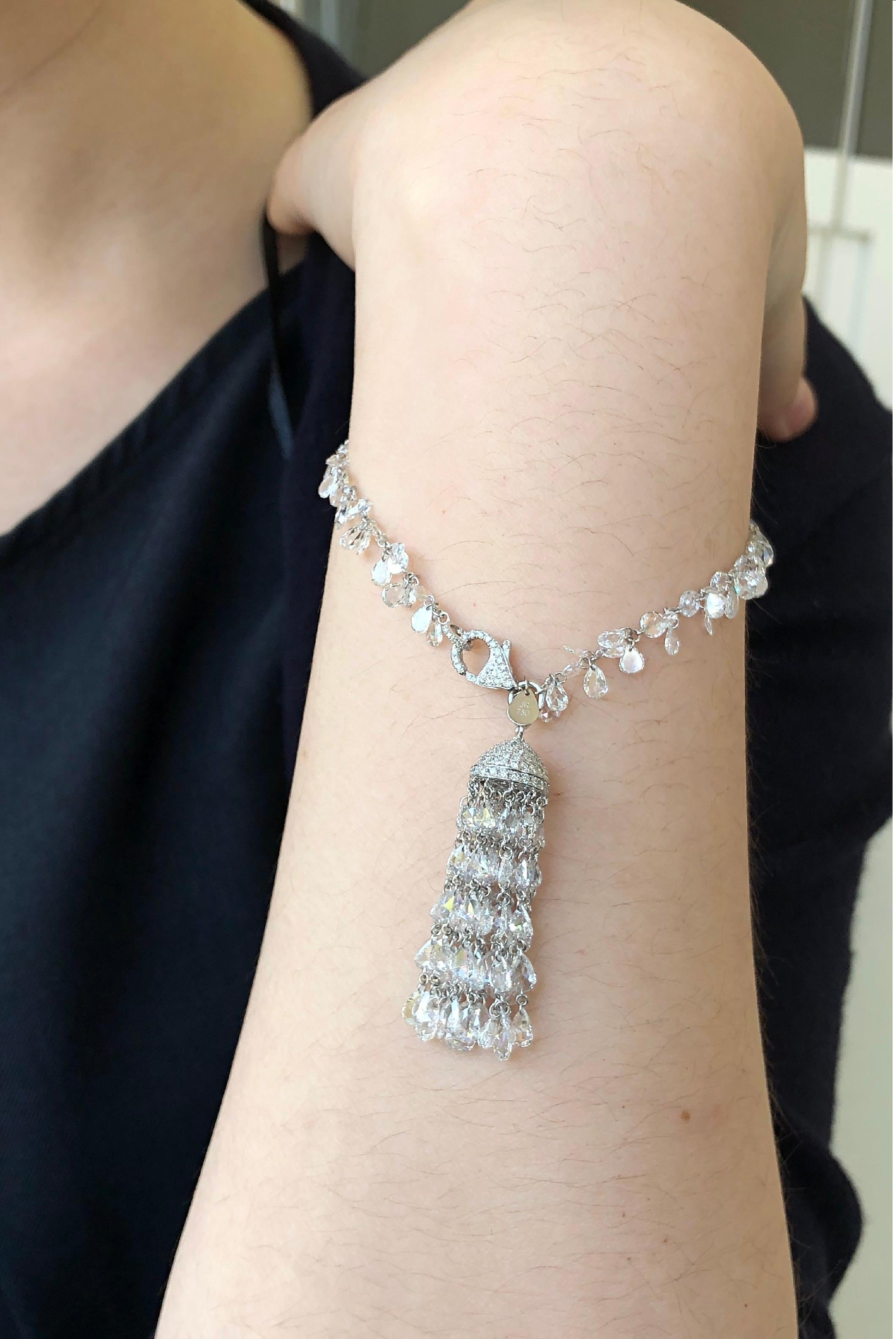 Contemporary JR 18 Karat White Gold 14.56 Carat Rose Cut Diamond Tassel Bracelet For Sale