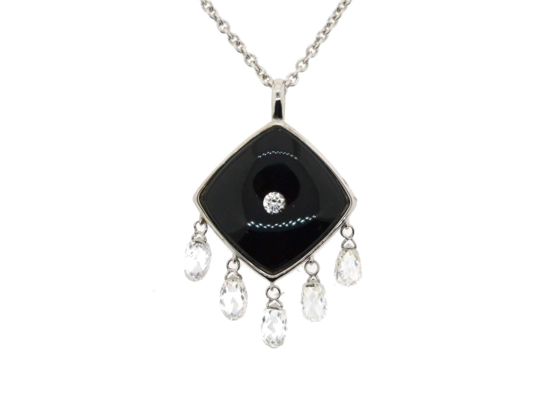 JR 18 karat White Gold Dangling Diamond Briolette Black Onyx Choker Necklace

Minimalist, elegant and yet speaking a volume, this gorgeous piece of necklace is an absolute eye-catcher, to say the least , this necklace made by  Diamond with Black