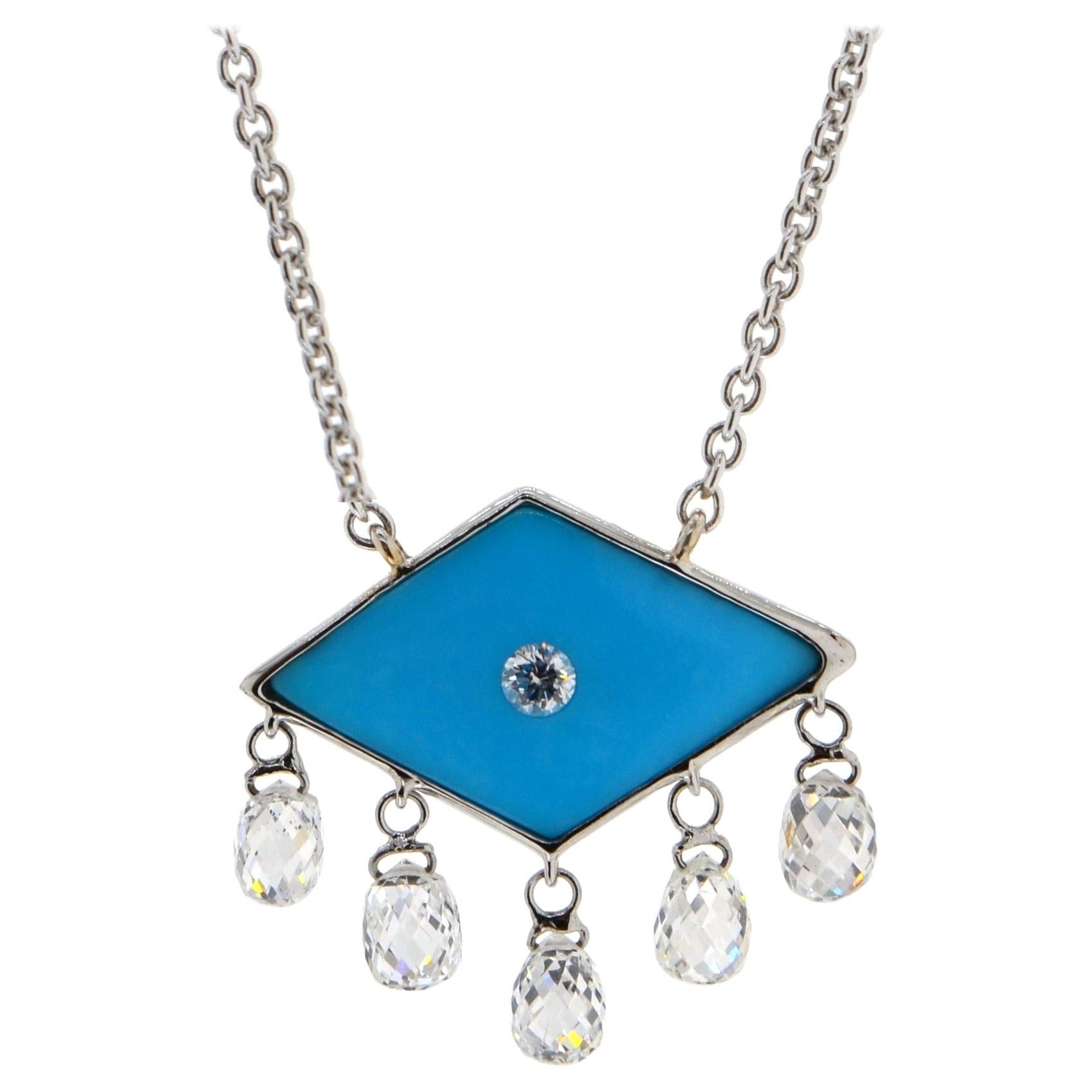 JR 18 Karat White Gold Dangling Diamond Briolette Turquoise Choker Necklace