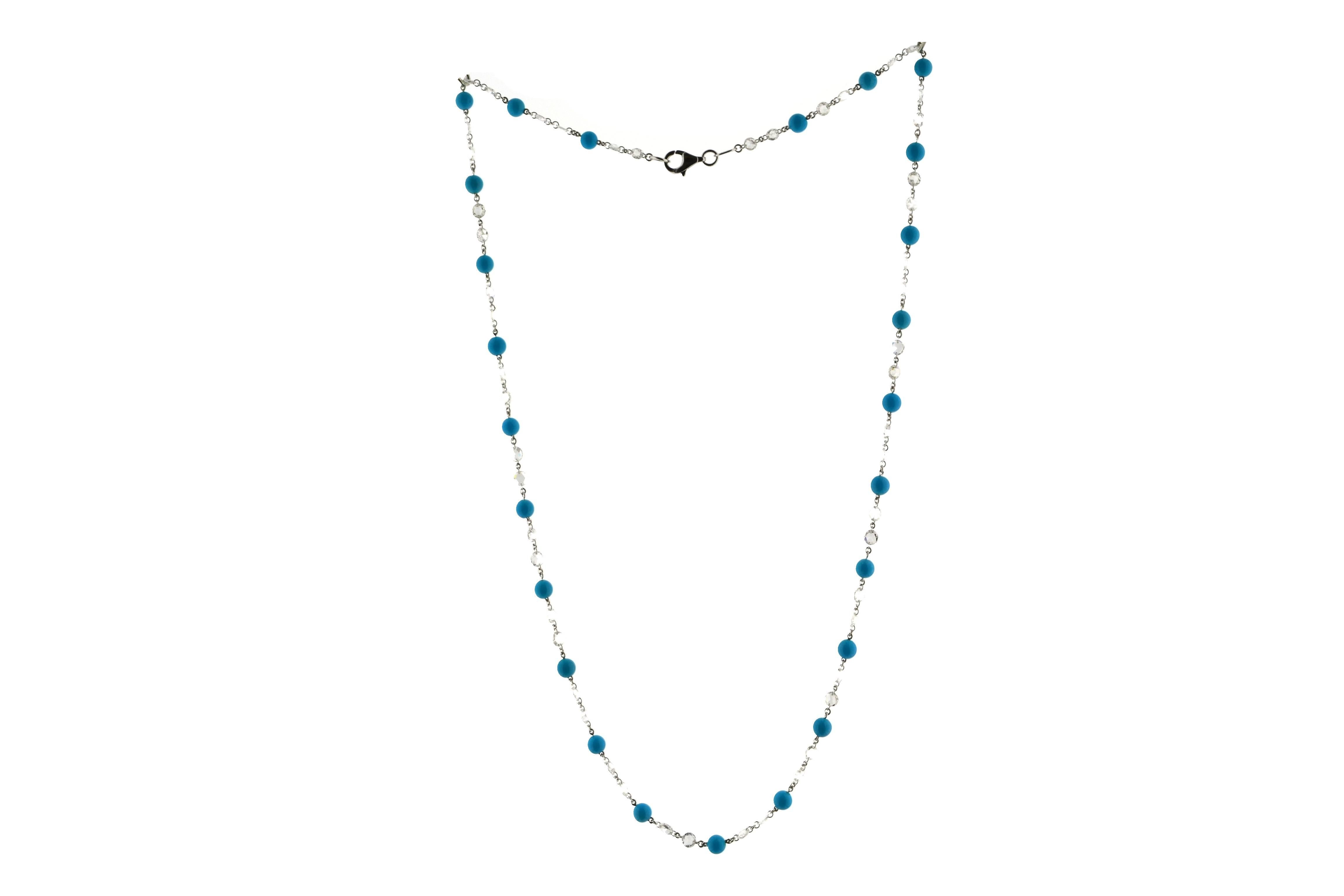 JR 18 Karat White Gold Diamond Rose Cut Turquoise Necklace

Every necklace has a story to tell! This fine Rose cut diamond necklace with Turquoise has a subtle and elegant design that goes with most outfits, it’s blue color makes it a versatile