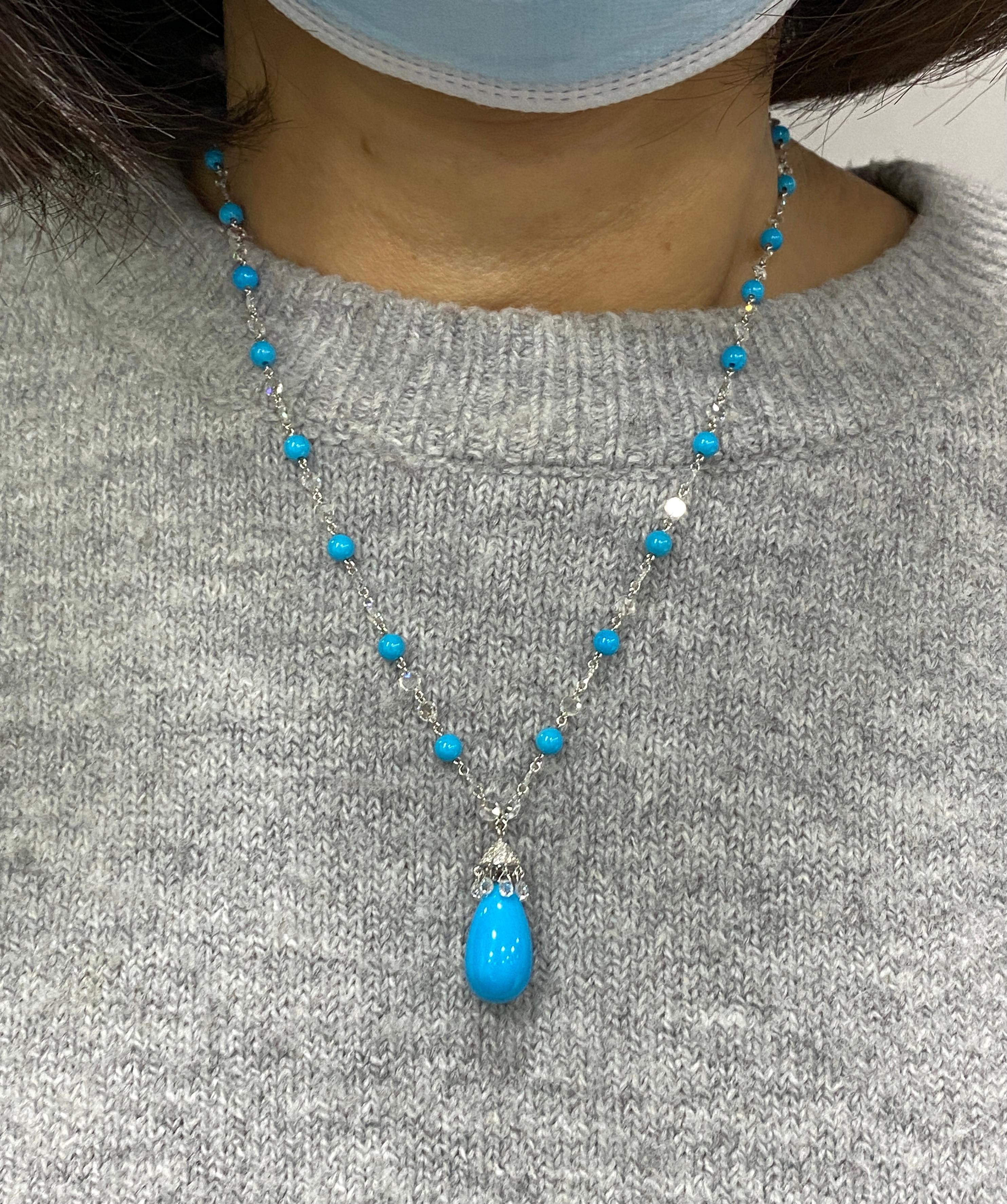 JR 18 Karat White Gold Drop Diamond Rose cut & Briolettes Turquoise Necklace

Every necklace has a story to tell! This fine Rose cut diamond necklace with Turquoise has a subtle and elegant design that goes with most outfits, it’s blue color makes
