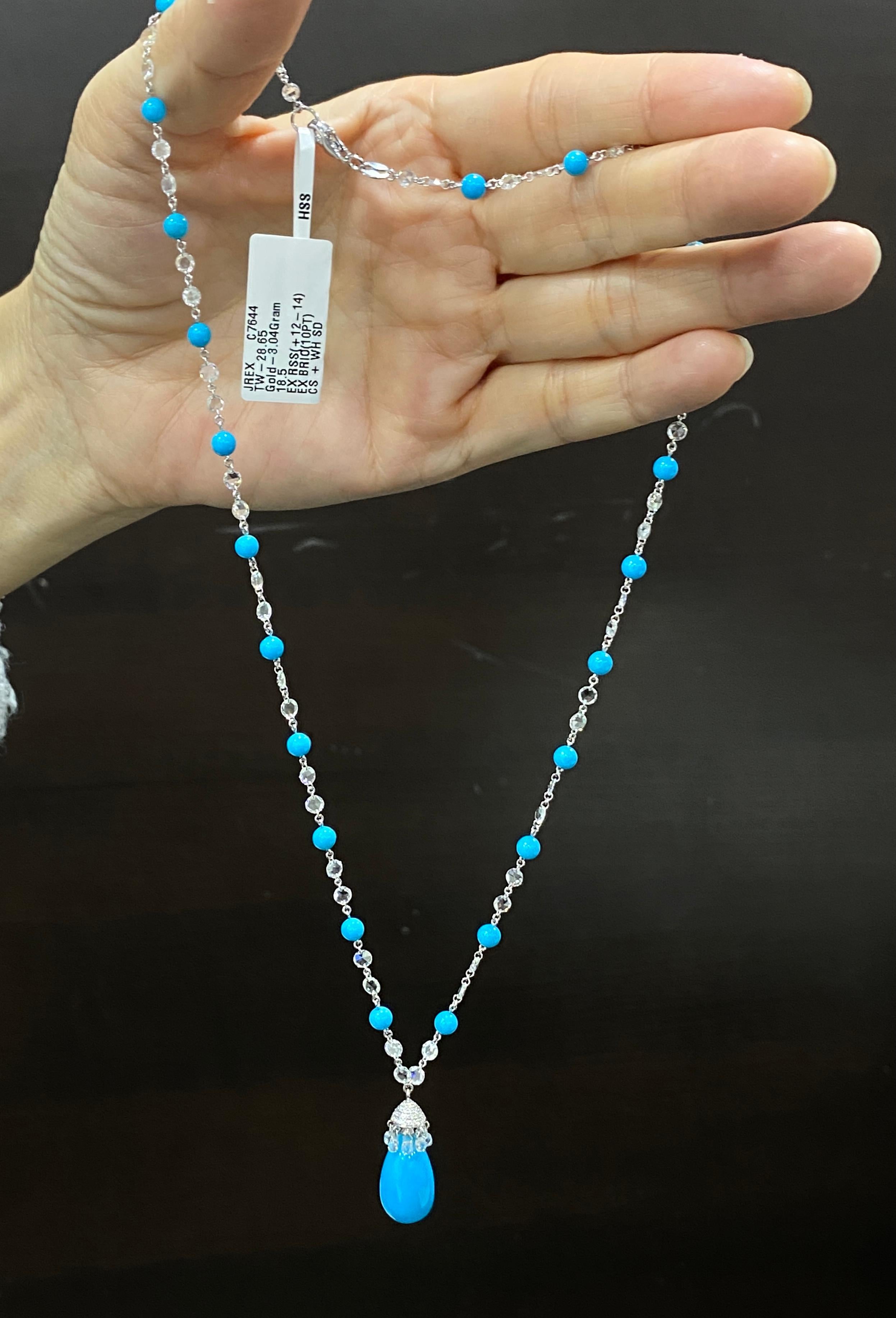 Contemporary JR 18 Karat White Gold Drop Diamond Rose Cut Turquoise Necklace For Sale