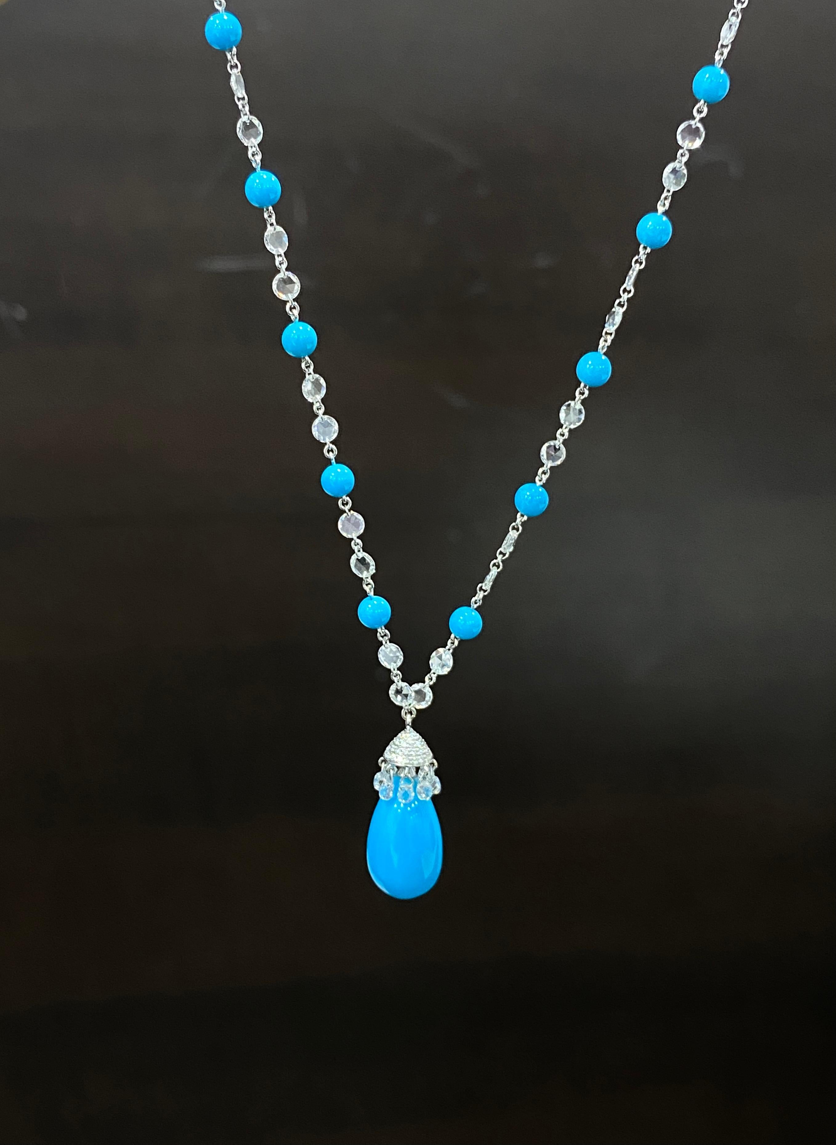 JR 18 Karat White Gold Drop Diamond Rose Cut Turquoise Necklace In New Condition For Sale In Hong Kong, HK