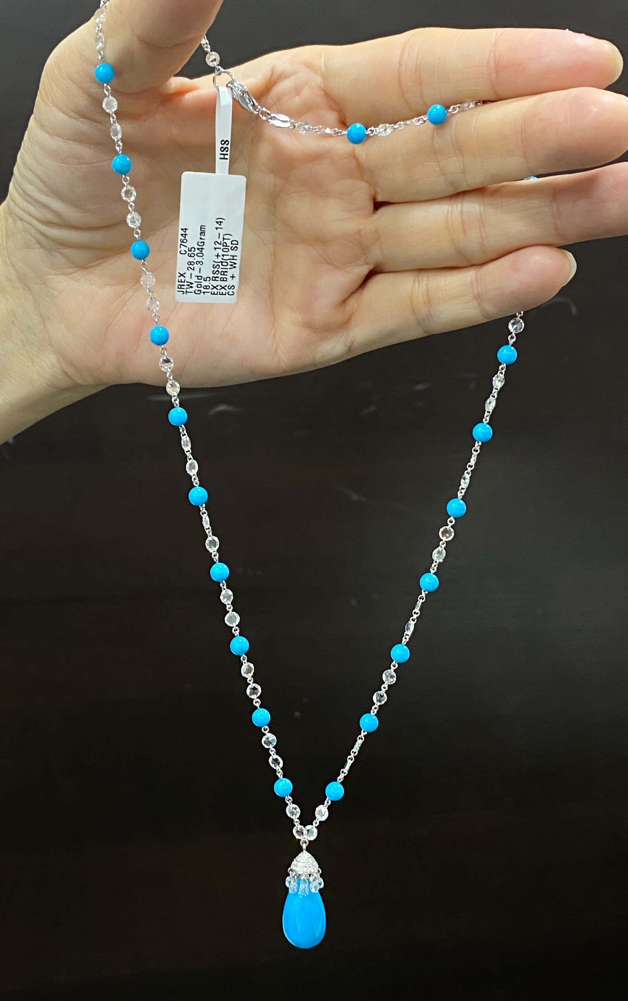 Women's JR 18 Karat White Gold Drop Diamond Rose Cut Turquoise Necklace For Sale