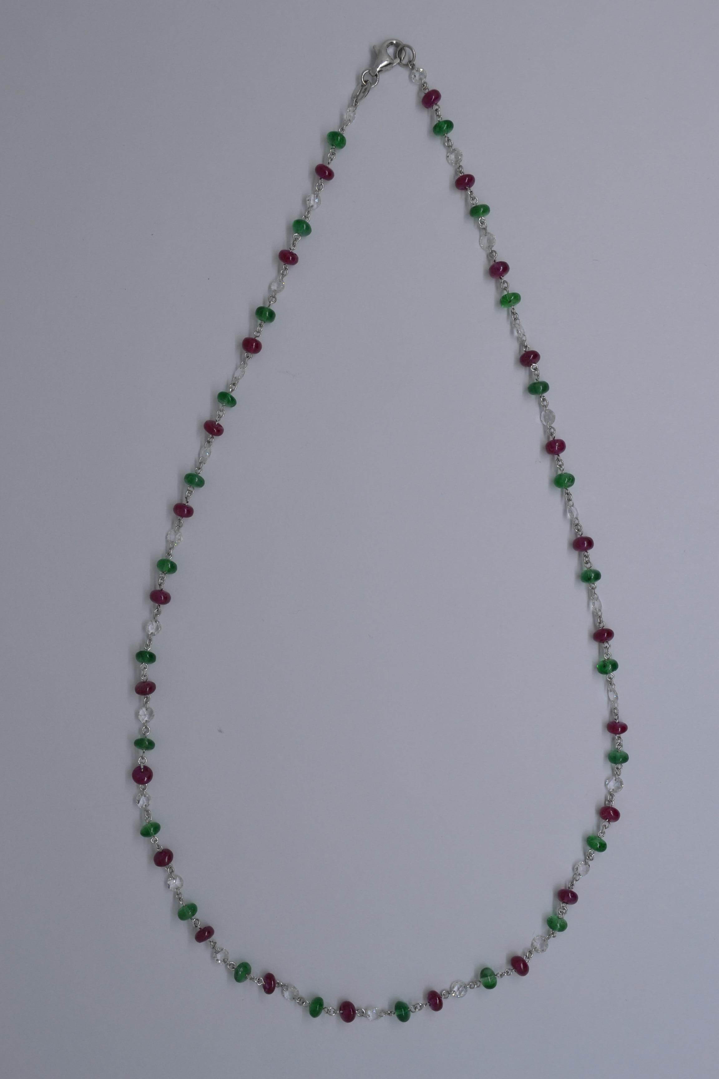 JR 18 Karat White Gold Rose Cut Diamond Ruby Emerald Necklace In New Condition In Hong Kong, HK