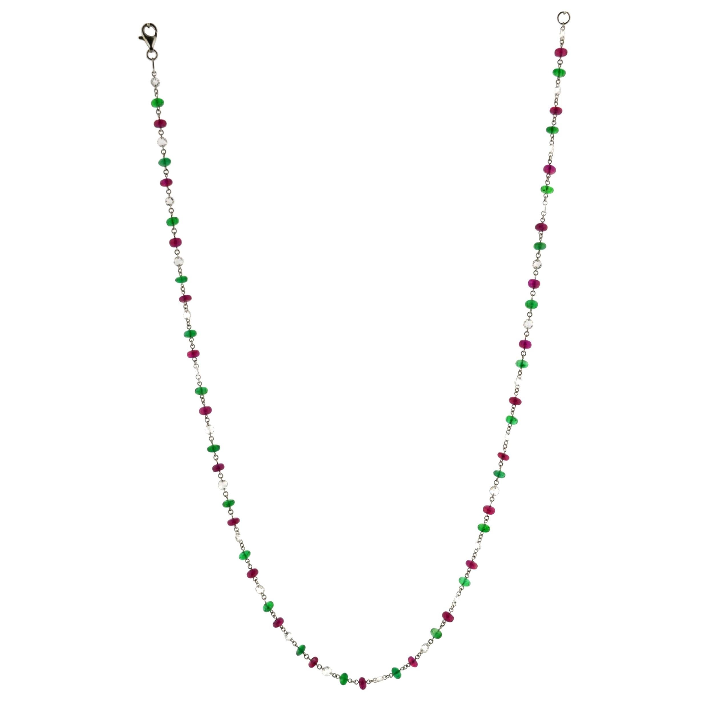 JR 18 Karat White Gold Rose Cut Diamond Ruby Emerald Necklace