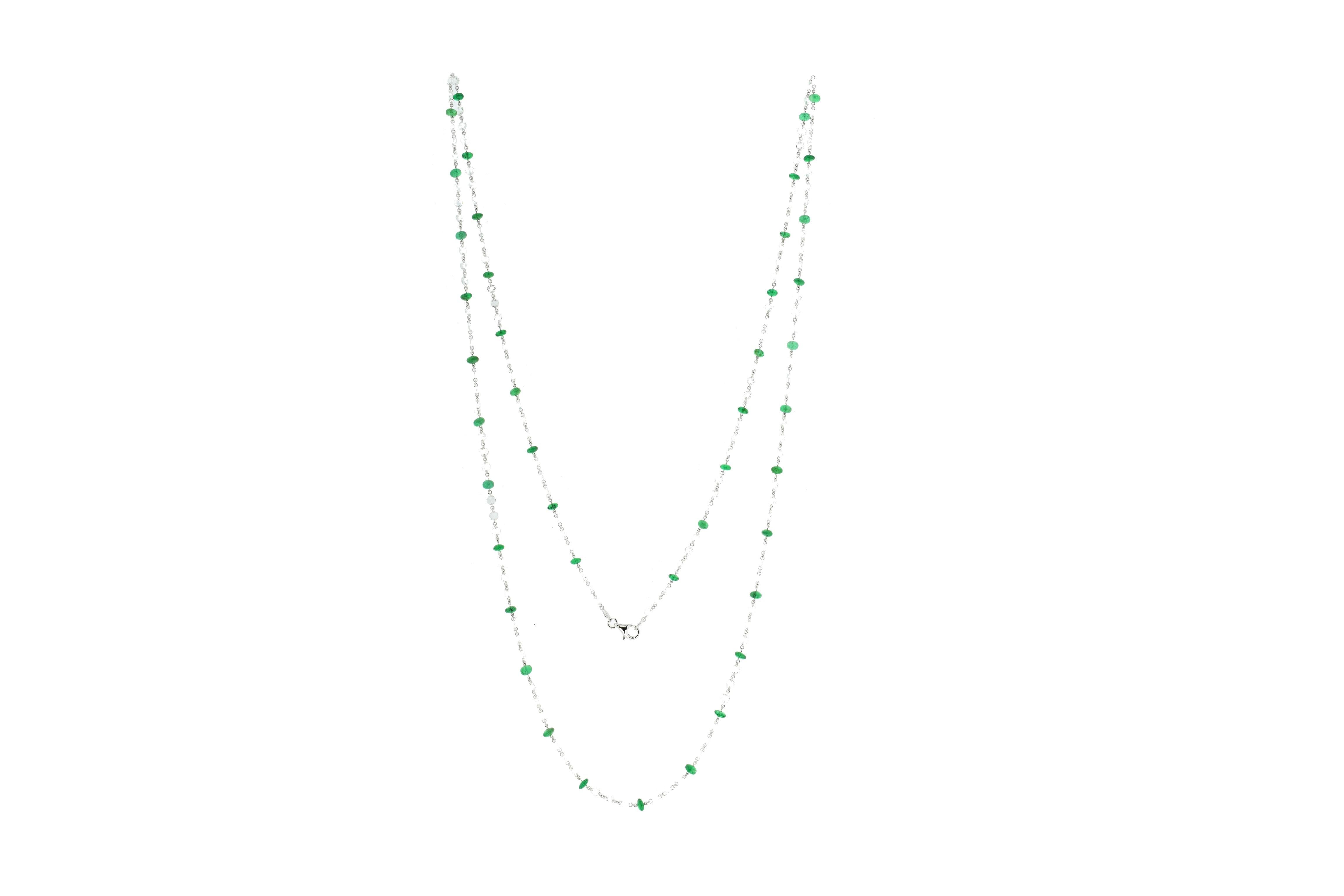 JR 18karat White Gold Rose Cut Diamond Emerald Necklace For Sale 1