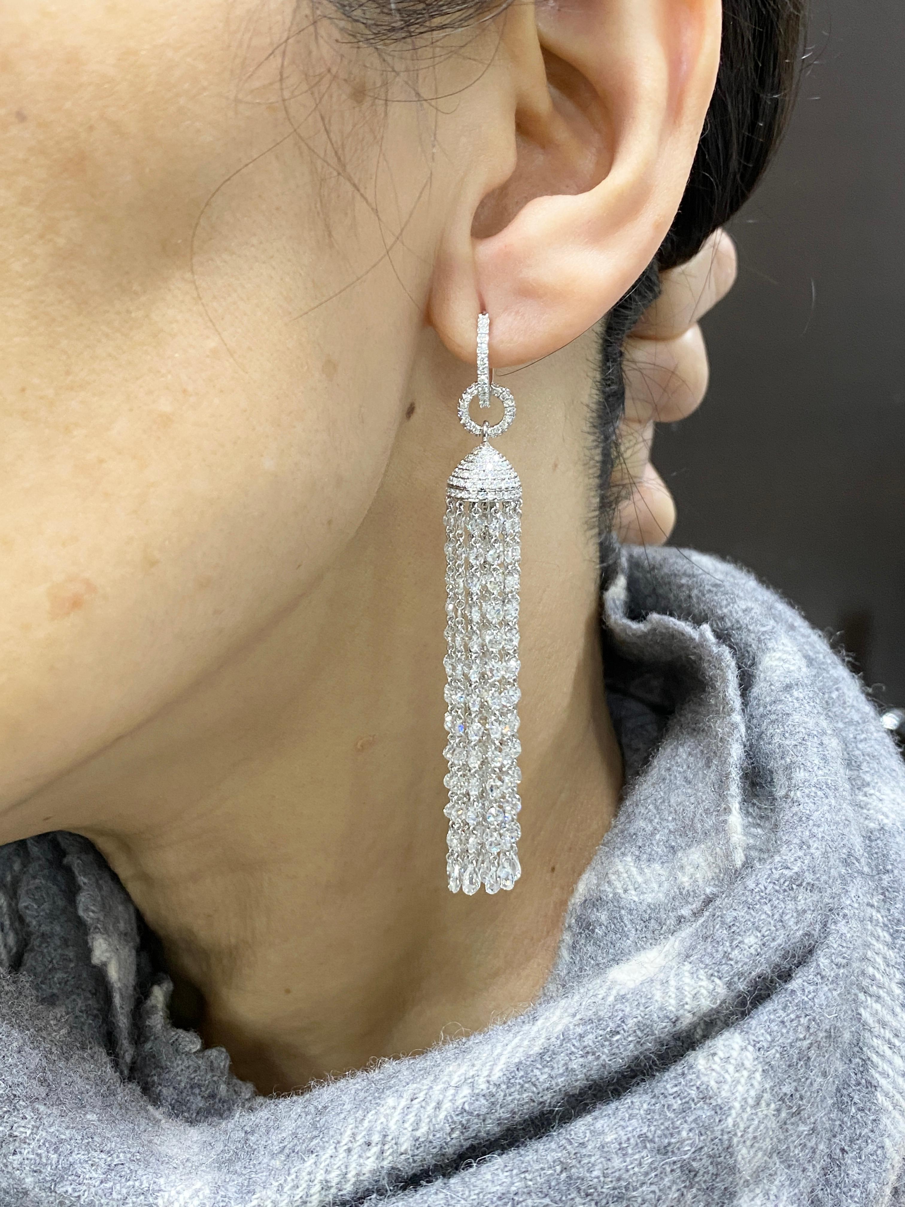 Contemporary JR 19.10 Carat Rose Cut Diamond Tassel 18 Karat White Gold Earring For Sale