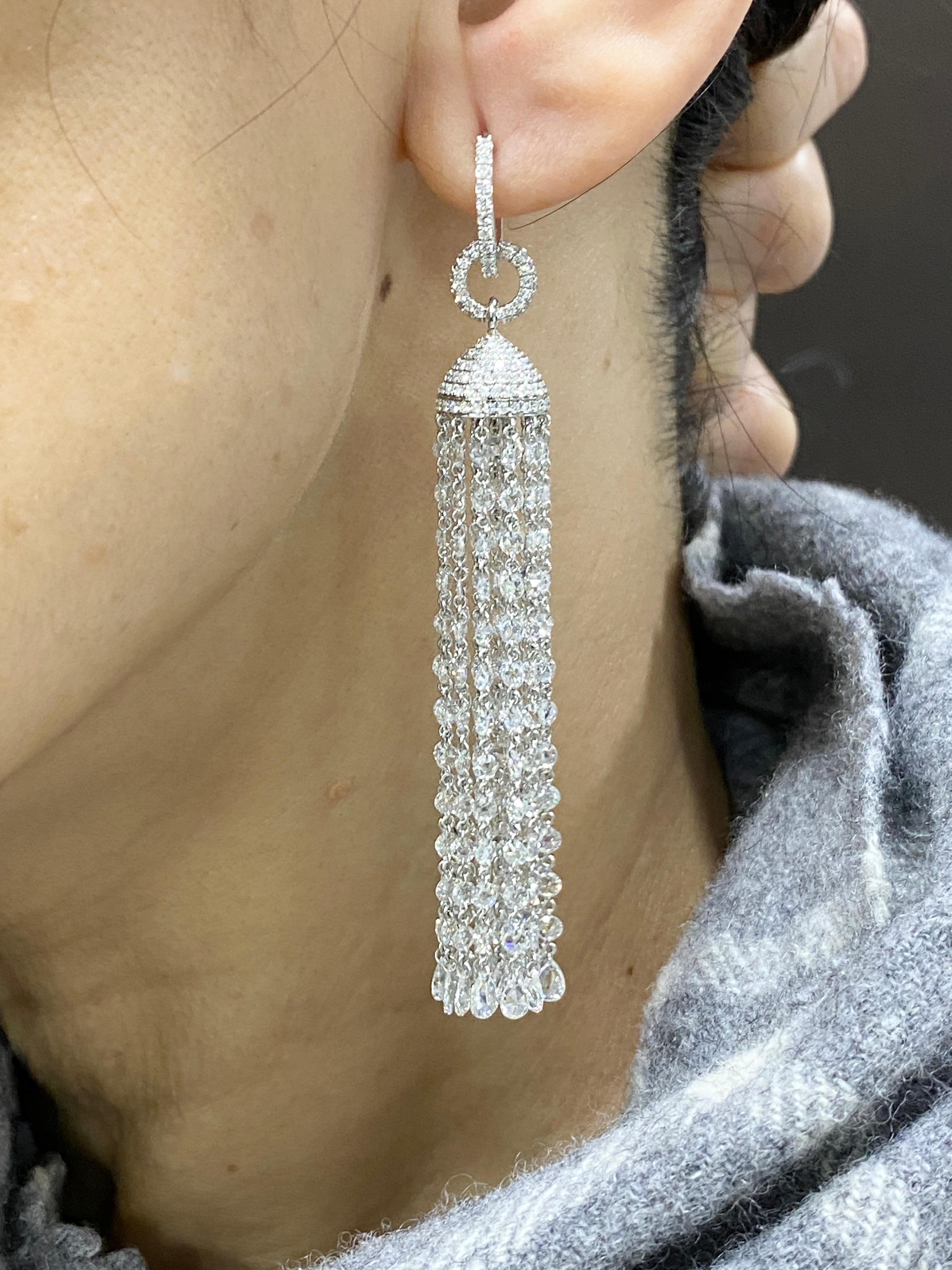 JR 19.10 Carat Rose Cut Diamond Tassel 18 Karat White Gold Earring In New Condition For Sale In Hong Kong, HK