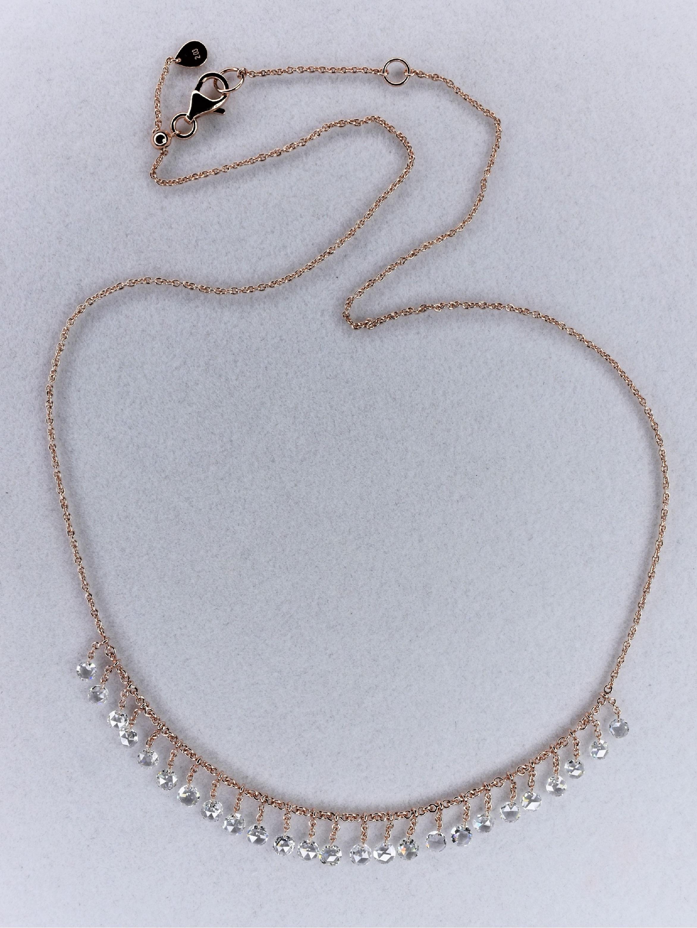 JR 2.03 Carat Rose Cut Diamond 18 Karat Rose Gold Dangling Choker Necklace In New Condition For Sale In Hong Kong, HK