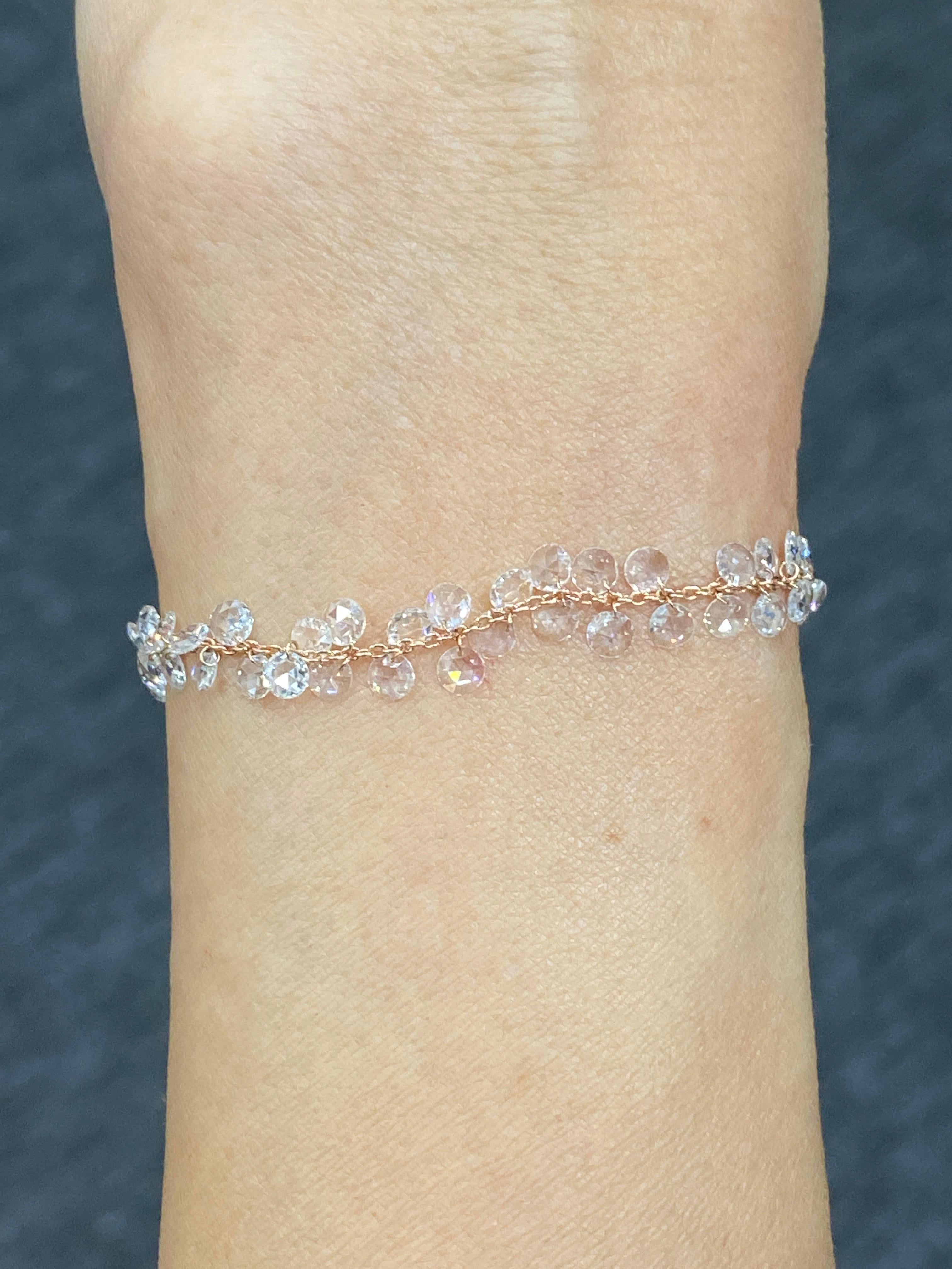 Contemporary JR 2.06 Carat Dangling Rose Cut Diamond 18 Karat Rose Gold Bracelet For Sale