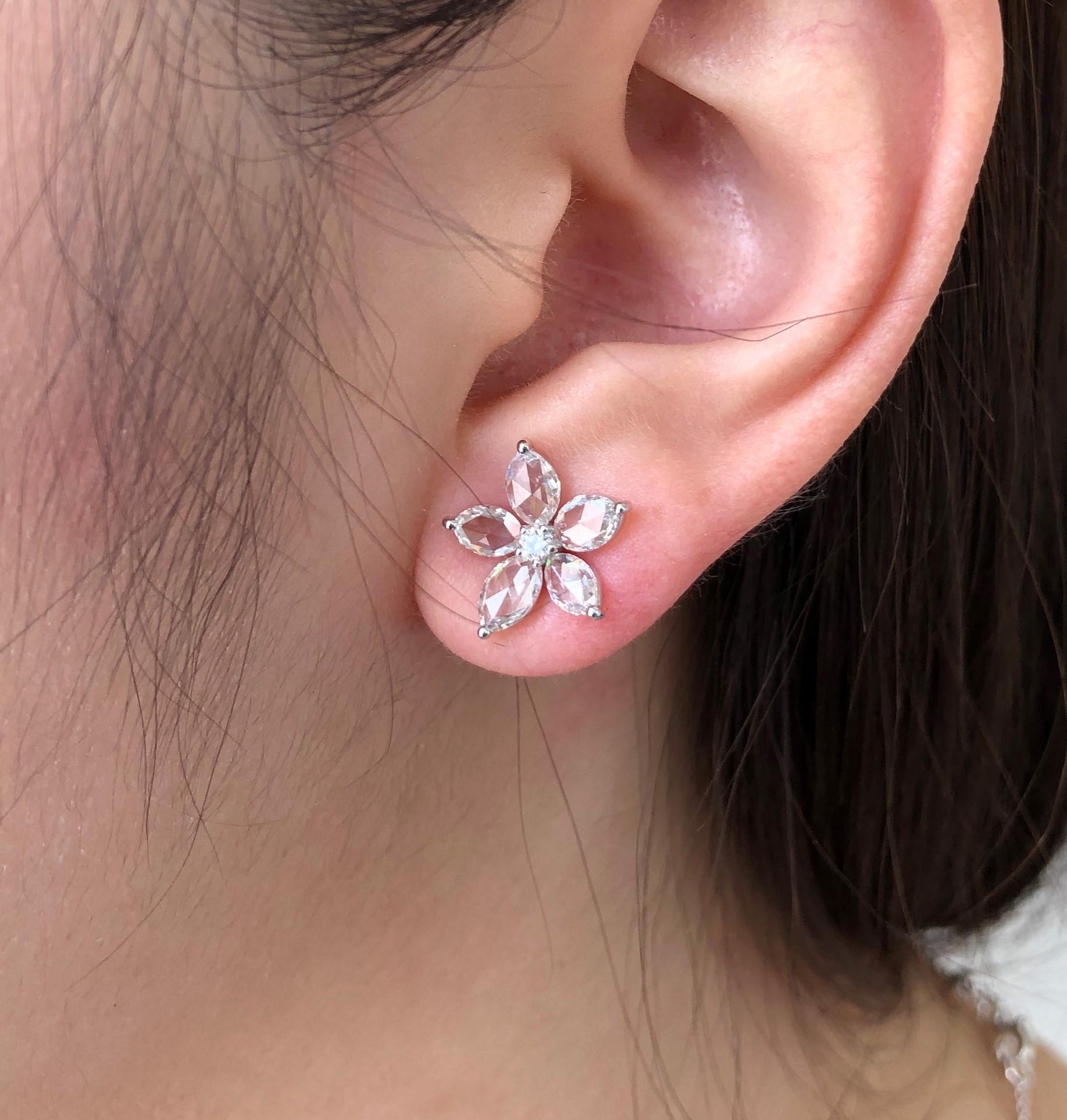 Contemporary JR 2.17 Carat Rose Cut Diamond Flower 18 Karat White Gold Earring For Sale