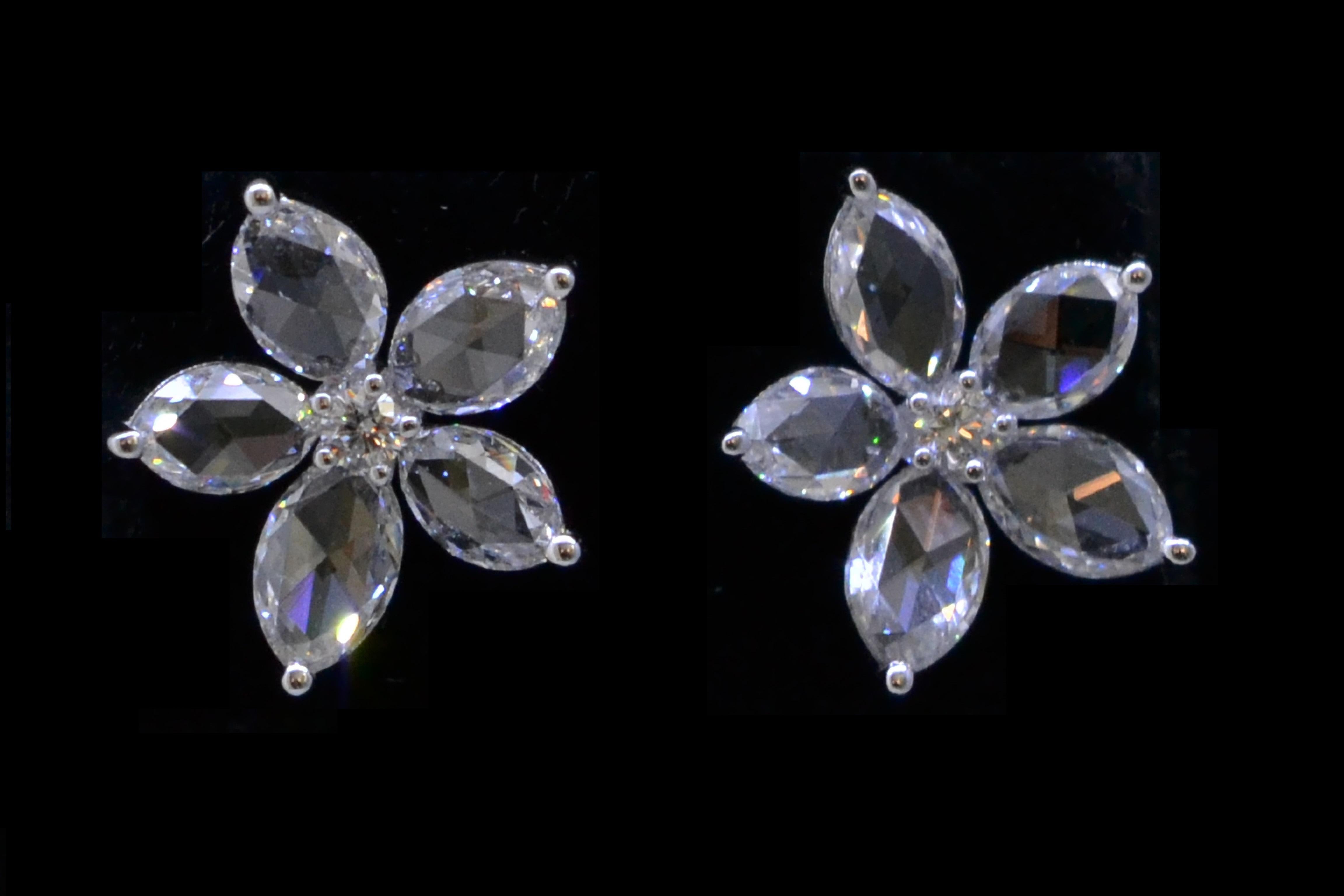 Women's JR 2.17 Carat Rose Cut Diamond Flower 18 Karat White Gold Earring For Sale