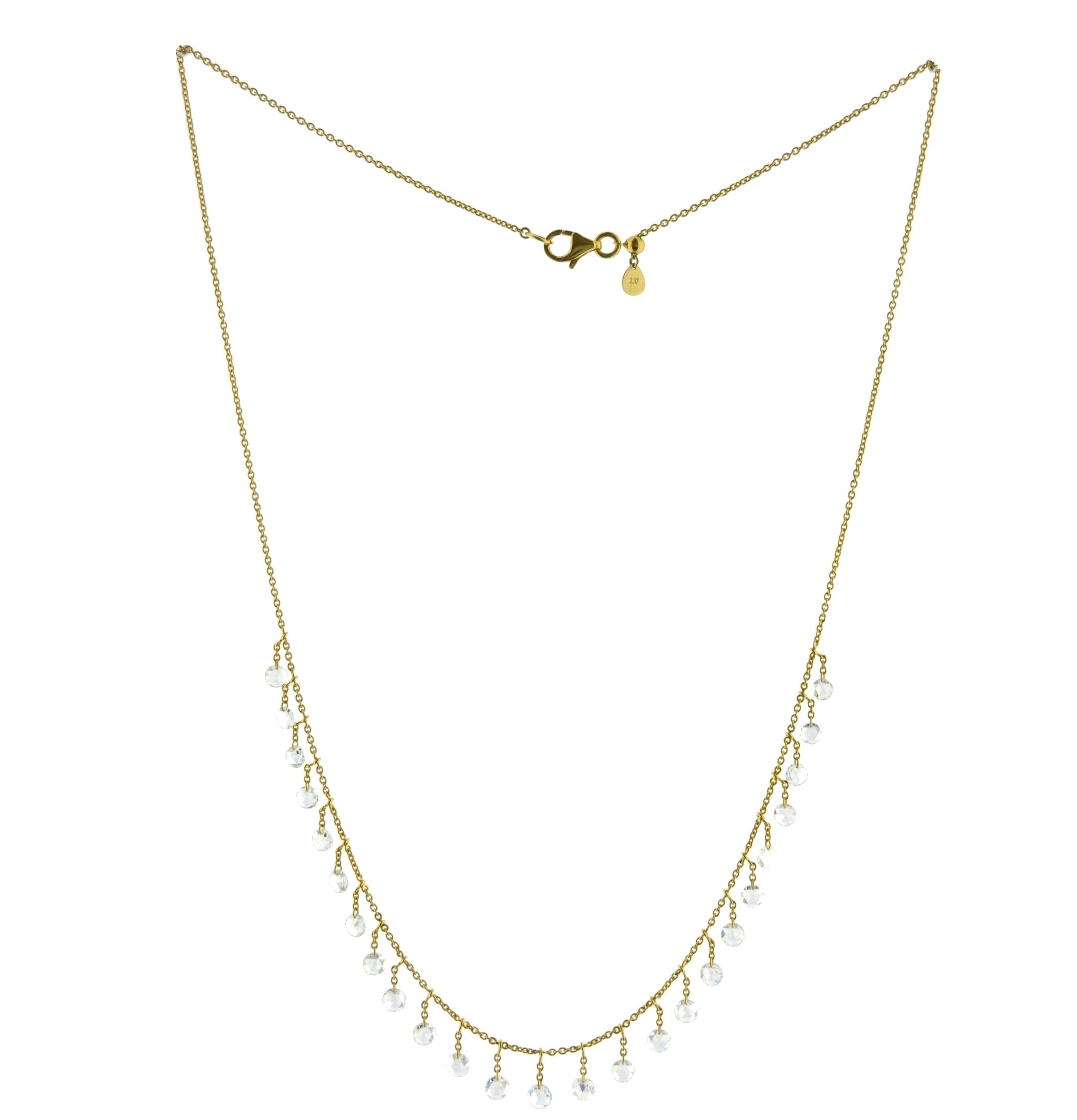 JR 2.37 Carat Diamond Rose cut Dangling Necklace 18 Karat Yellow Gold

This contemporary piece of necklace is made with 25pcs of diamond Rose Cut and it eludes femininity & grace. Diamond Rose Cut Dangling Choker has Slider ball to adjust the length