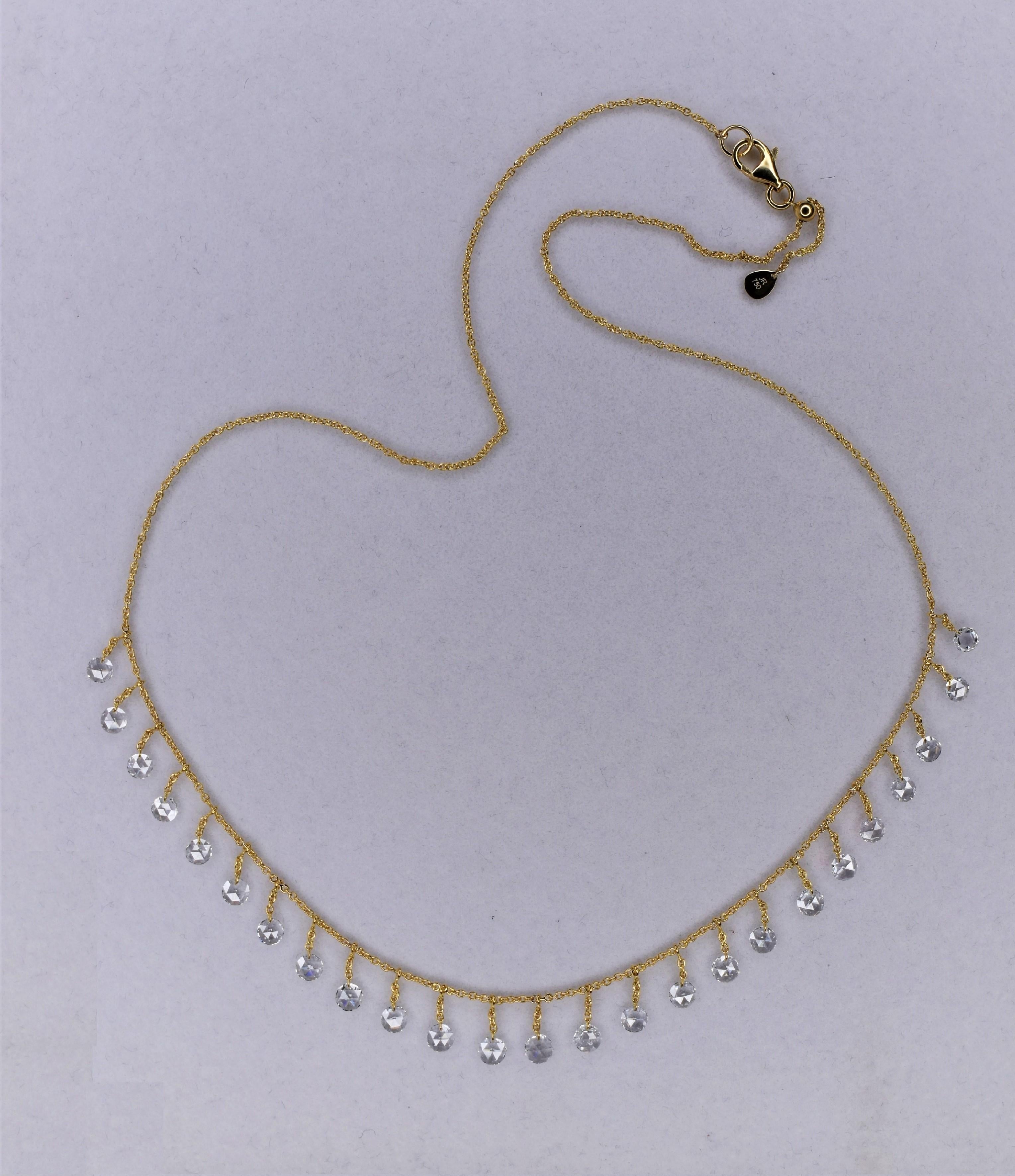 Women's JR 2.37 Carat Diamond Rose Cut Dangling Necklace 18 Karat Yellow Gold For Sale