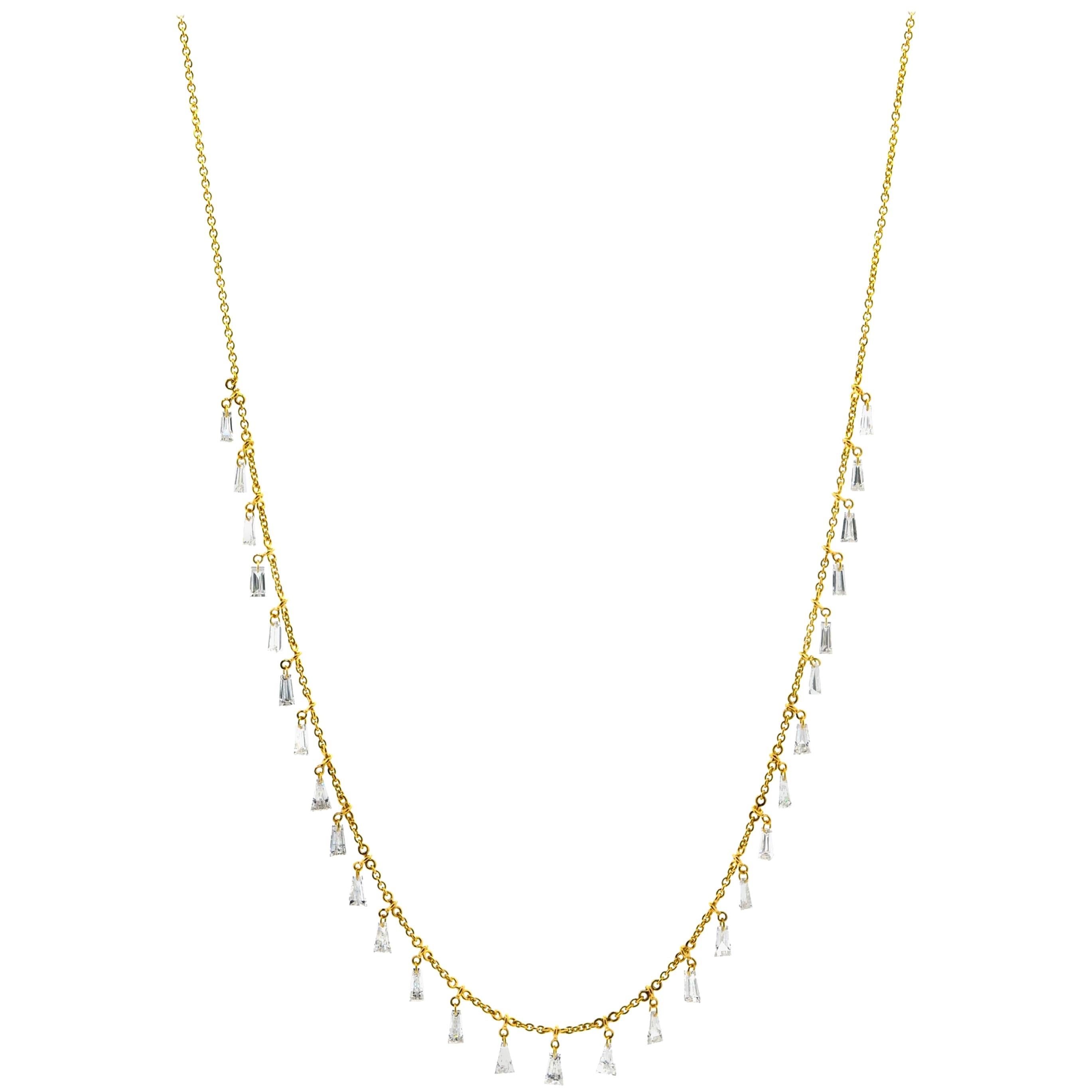 JR 2.40 Carat White Baguette Diamond 18 Karat Yellow Gold Dangling Necklace For Sale