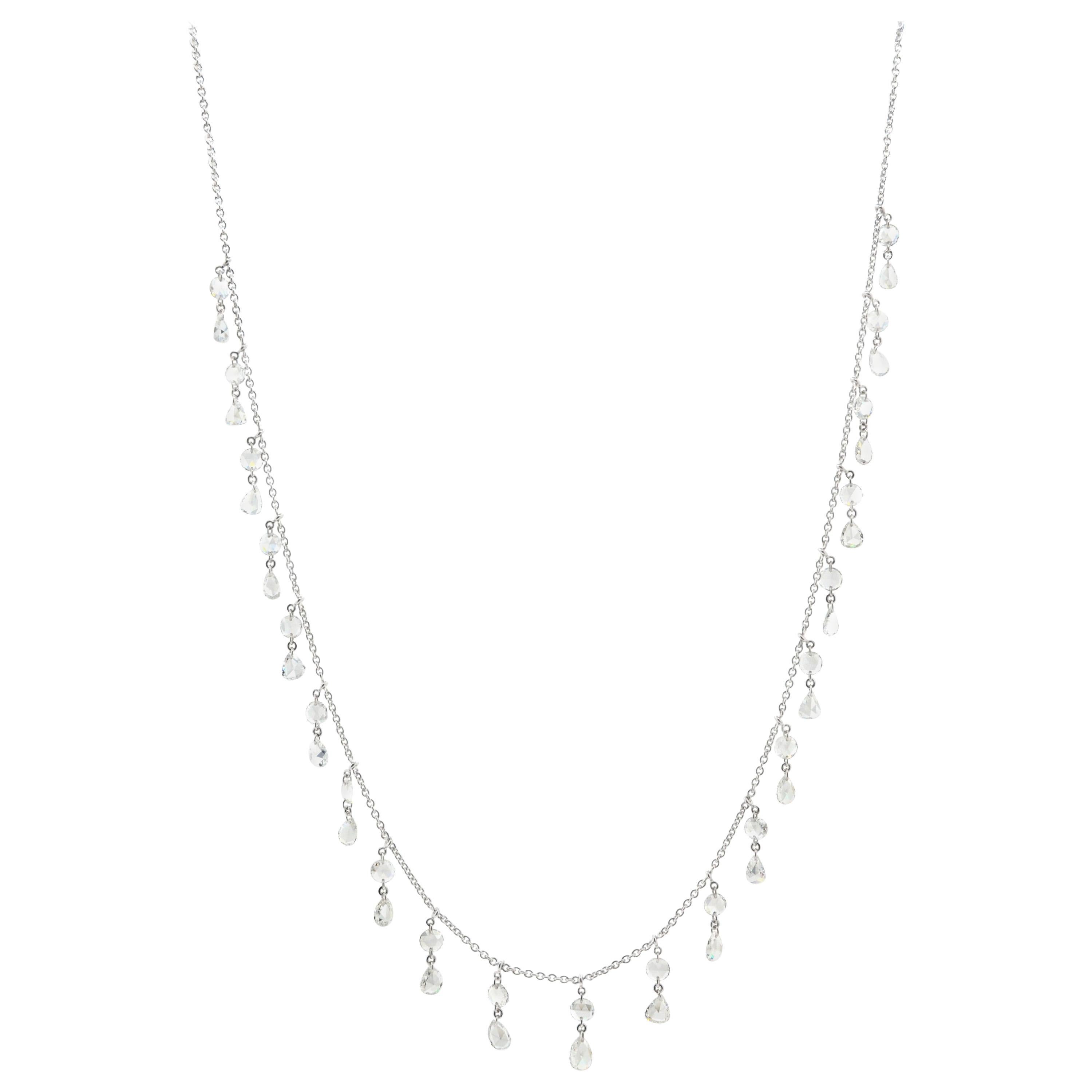 JR 3.14 Carat Rose Cut Diamond Dangling 18 Karat White Gold Choker Necklace For Sale