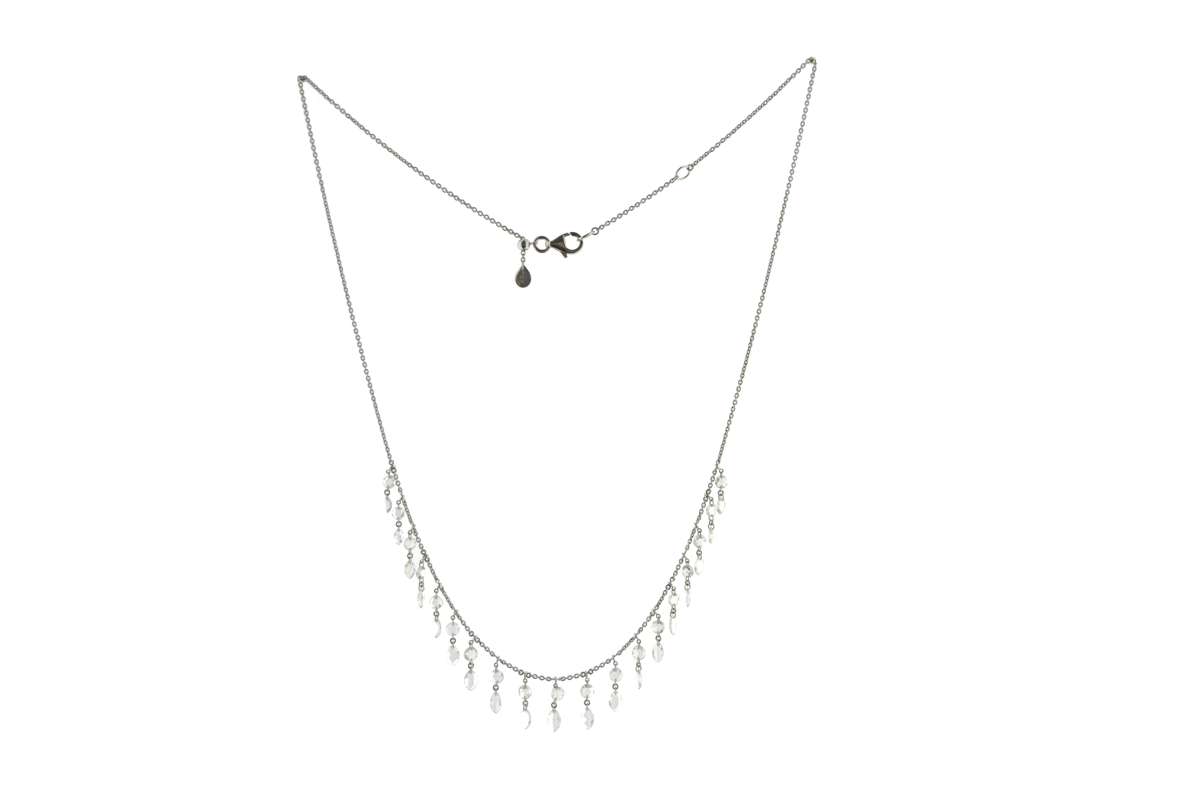 JR 3.17 Carat Rose Cut Diamond Dangling Necklace 18 Karat White Gold

This contemporary piece of necklace is made of Drilled Rose cut diamond and it eludes femininity & grace. Diamond Rose Cut Dangling Choker has Slider ball to adjust the length