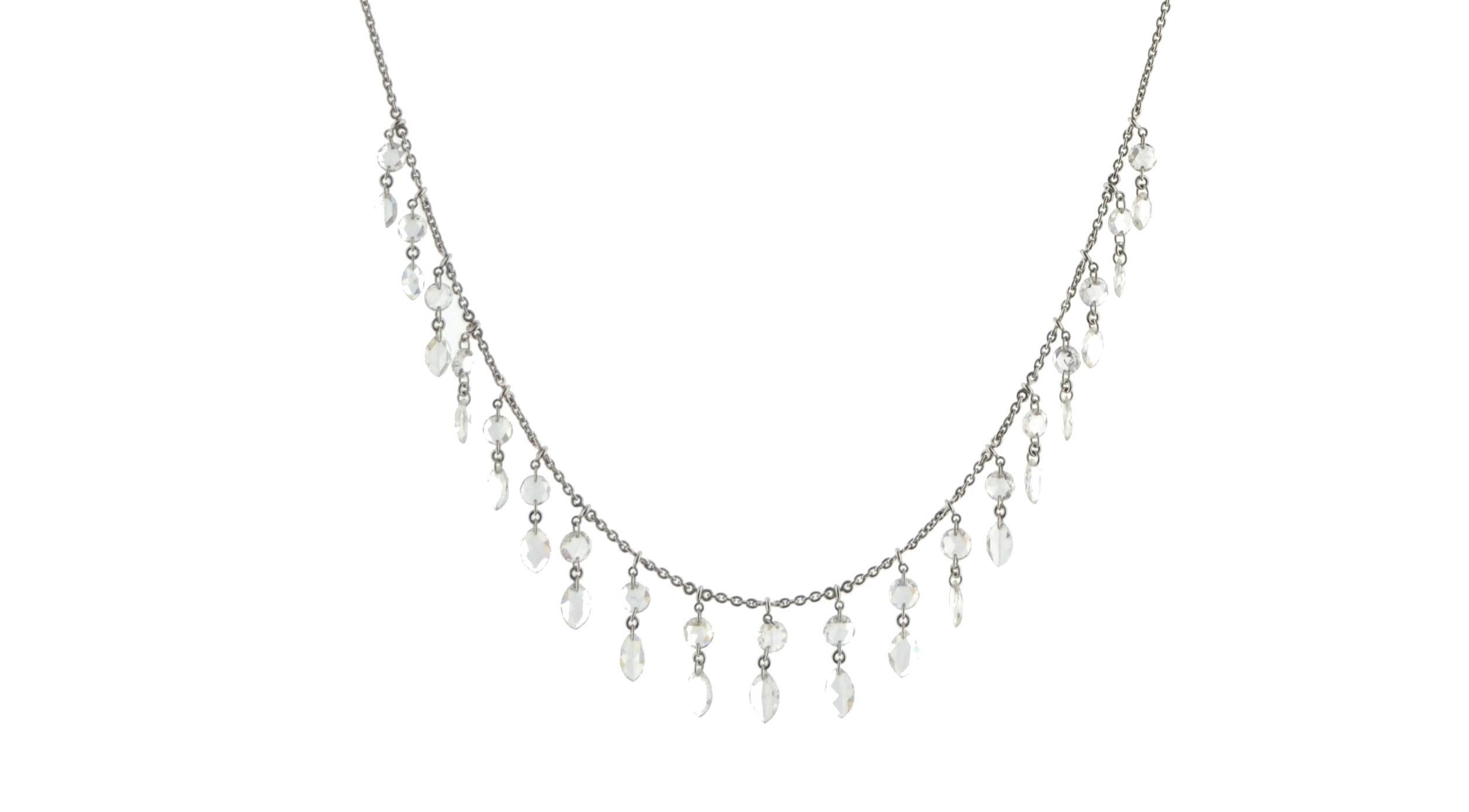 Women's JR 3.17 Carat Rose Cut Diamond Dangling Necklace 18 Karat White Gold For Sale