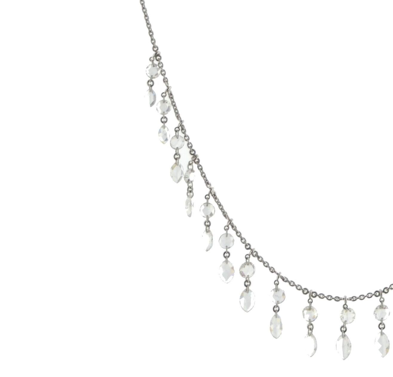 JR 3.17 Carat Rose Cut Diamond Dangling Necklace 18 Karat White Gold For Sale 1