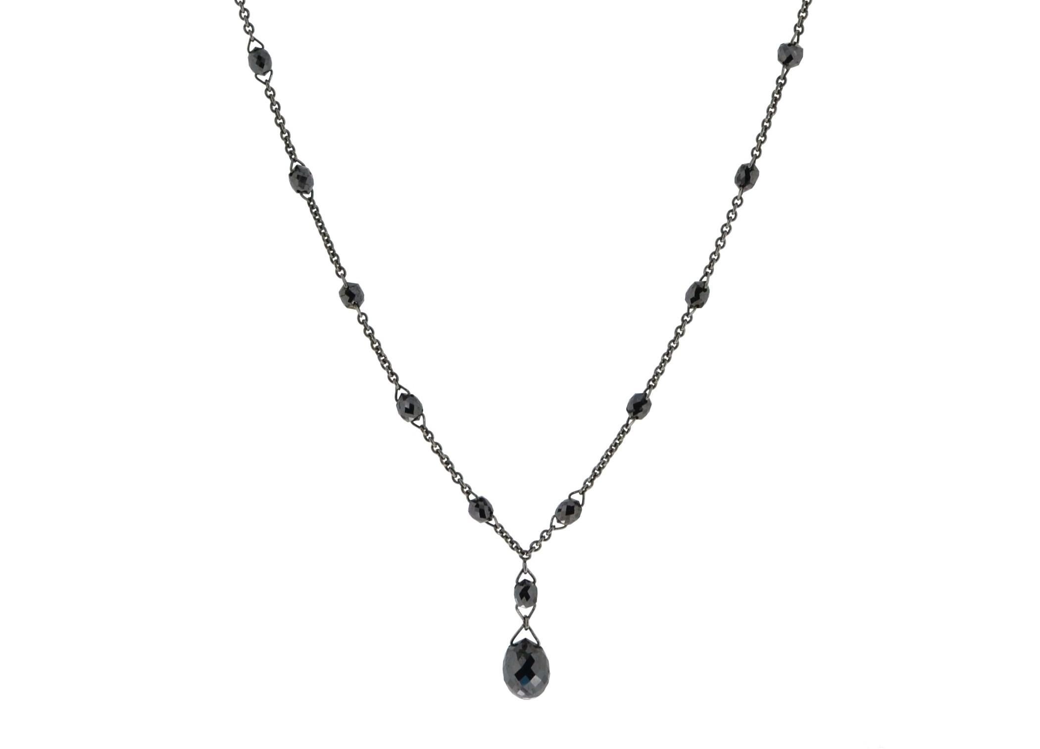JR 3.52 Carat Black Diamond Briolette  Dangling Necklace 18 Karat Gold

This contemporary piece of necklace is made with 3.52 carats Black diamond Briolette and it eludes femininity & grace.
Necklace has extra gold ring near the clasp to adjust the