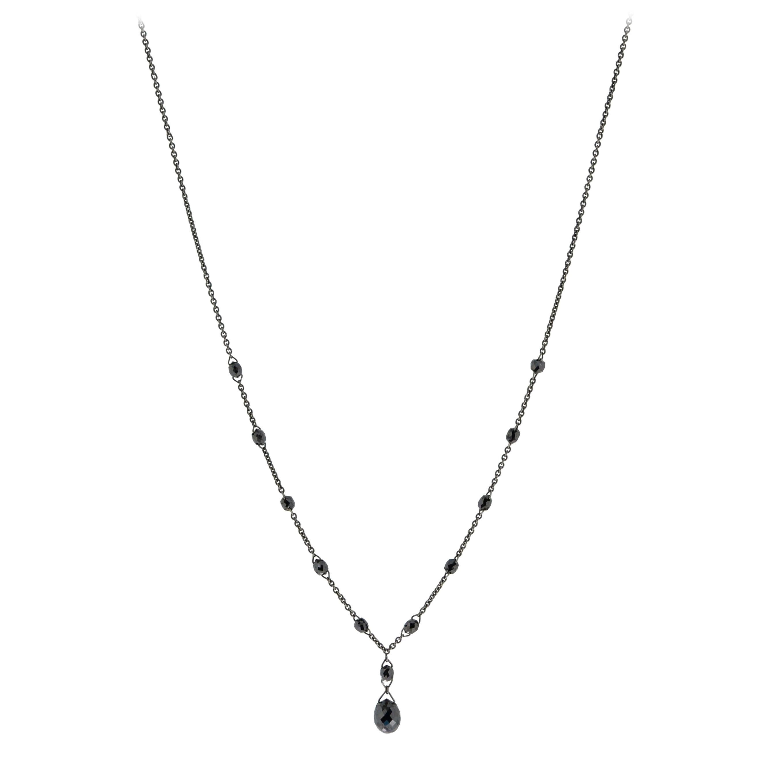 JR 3.52 Carat Black Diamond Briolette Dangling Necklace 18 Karat Gold For Sale