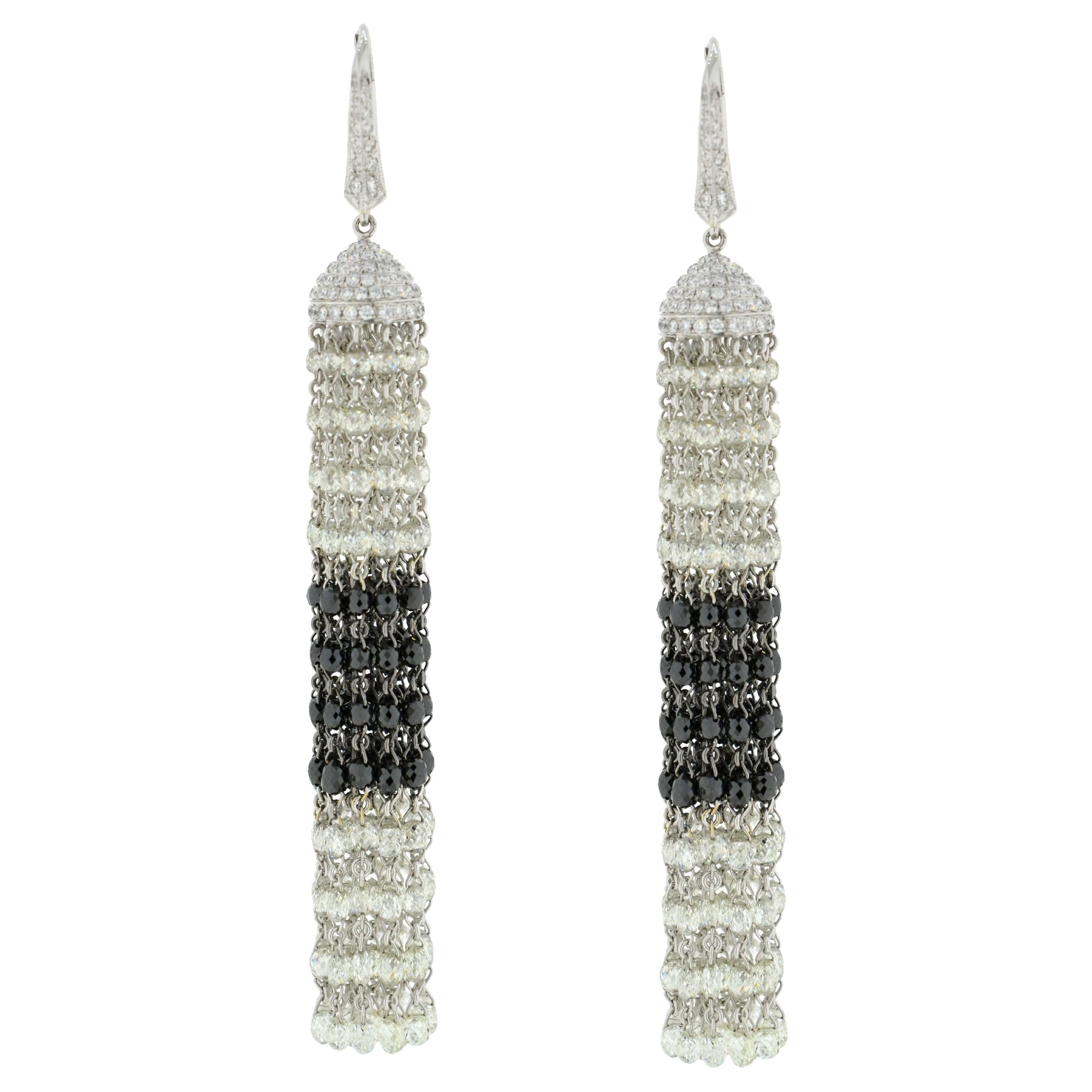 JR 39.18 Carat Black and White Diamond Briolette Tassel 18 Karat Gold Earring