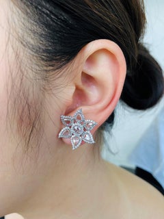 JR Boucle d'oreille en or blanc 18 carats 3,99 carats diamant taille rose fleur