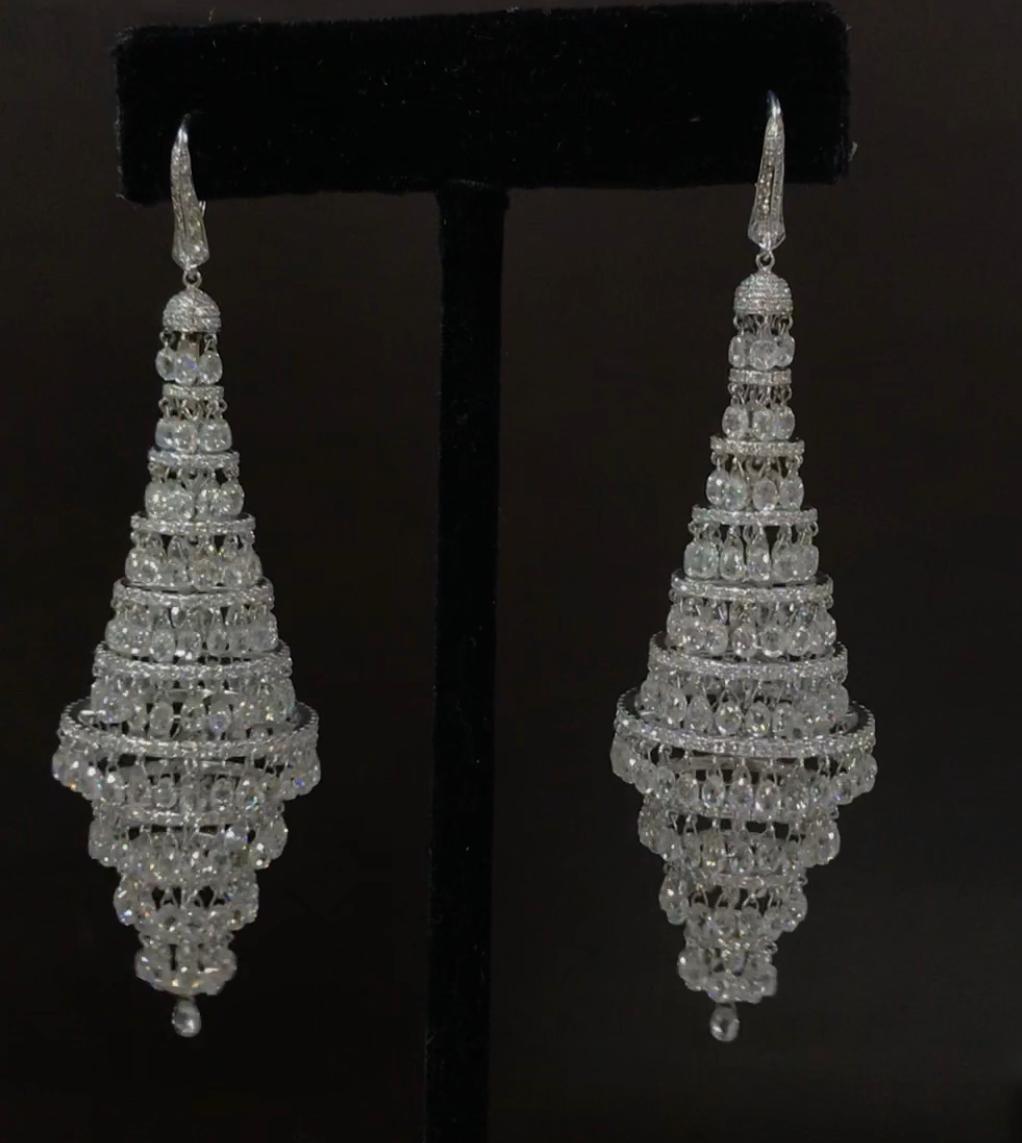 Briolette Cut JR 45.53 Carat Diamond Briolette Chandelier 18 Karat White Gold Earring For Sale