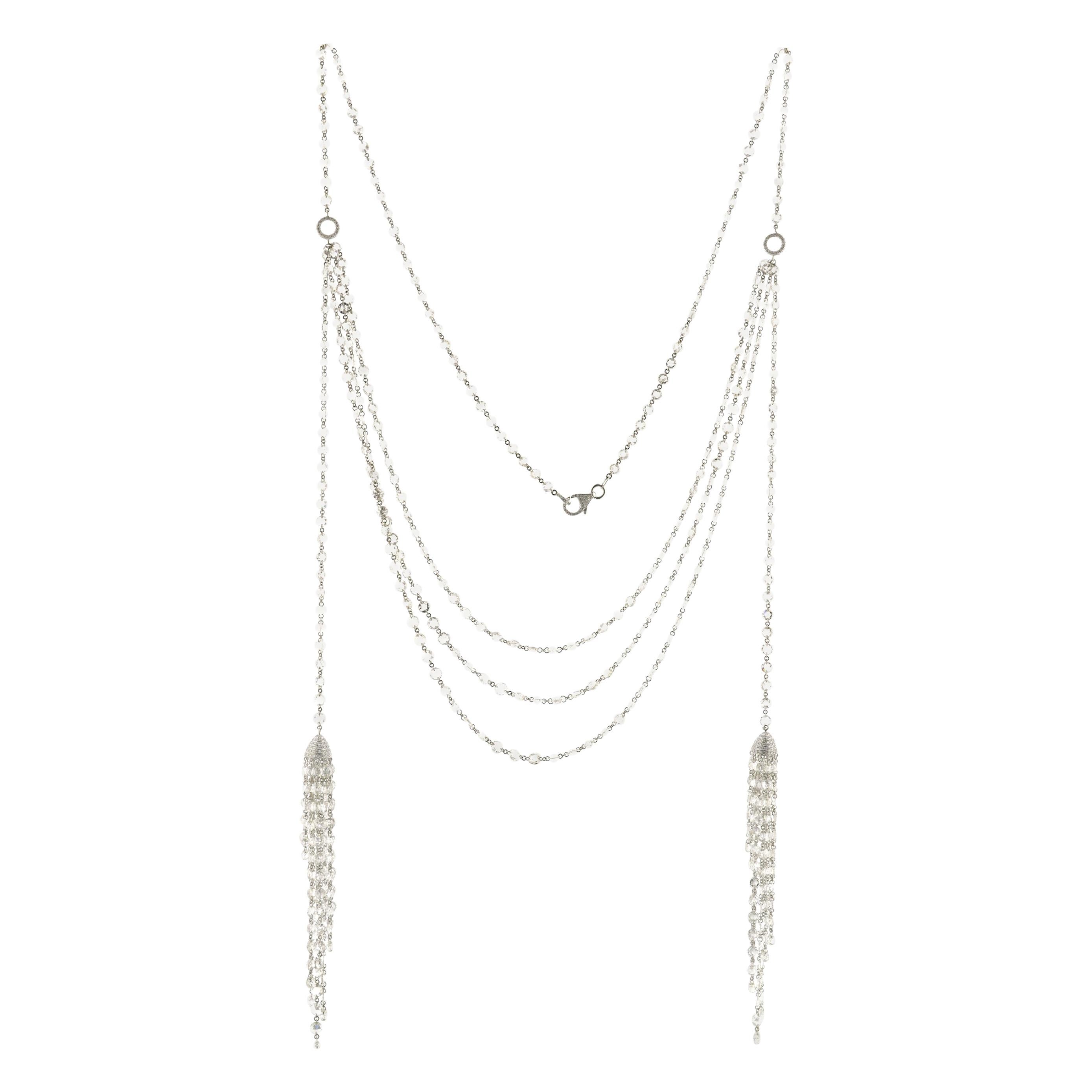 JR 54.95 Carat Rose Cut Diamond 18 Karat White Gold Double Tassel Necklaces