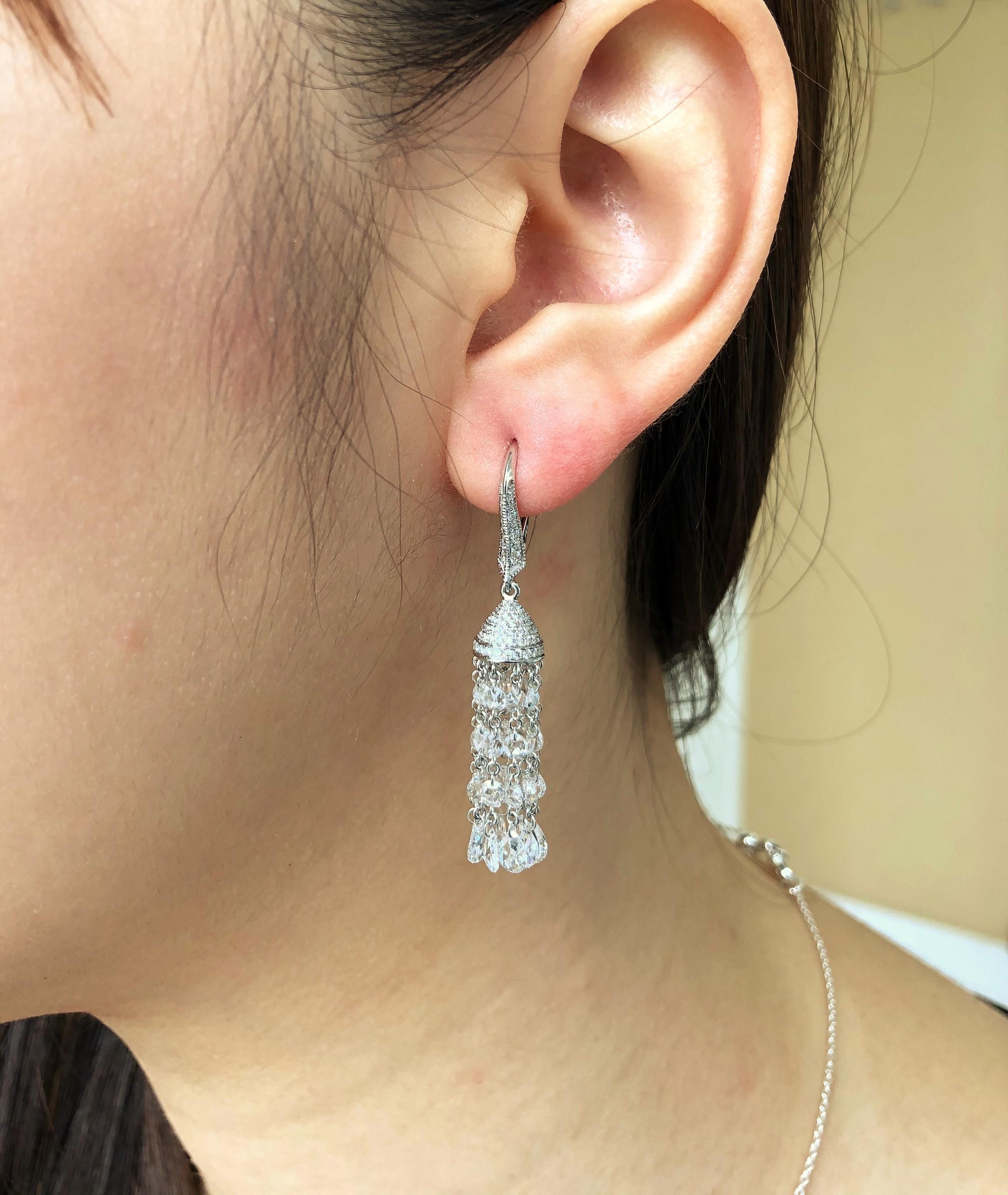 Modern JR 5.80 Carat Rose Cut Diamond Tassel 18 Karat White Gold Earring For Sale