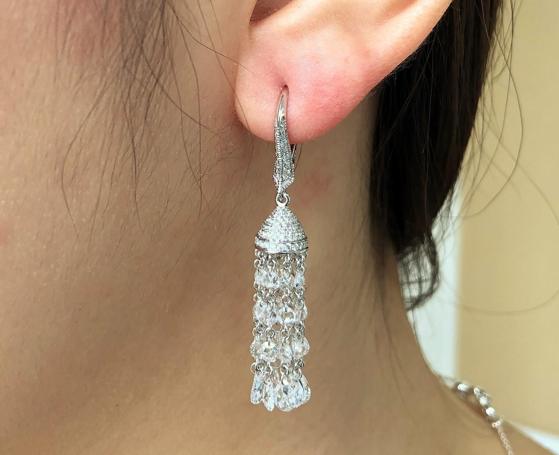 JR 5.80 Carat Rose Cut Diamond Tassel 18 Karat White Gold Earring In New Condition For Sale In Hong Kong, HK