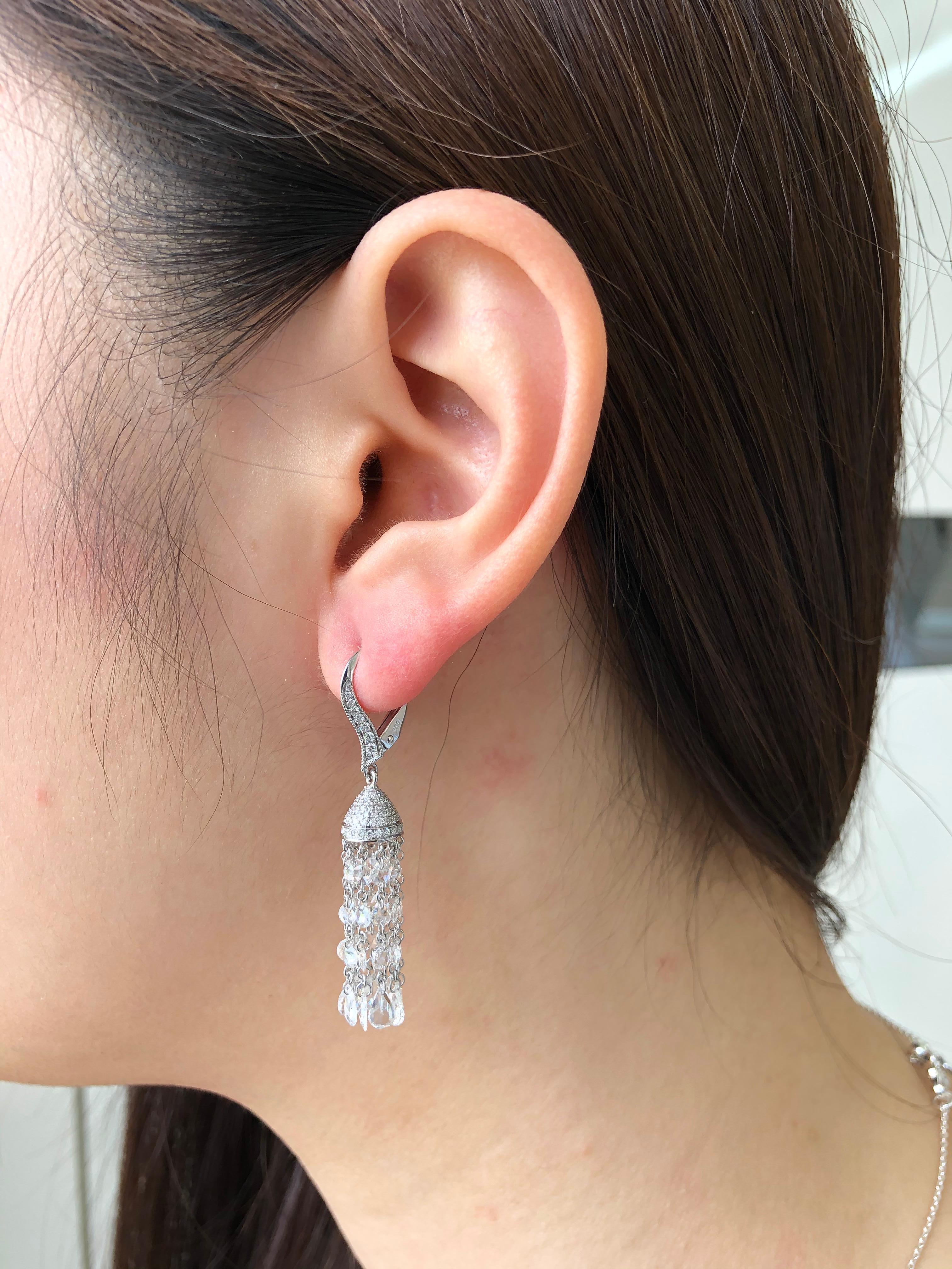 Women's JR 5.80 Carat Rose Cut Diamond Tassel 18 Karat White Gold Earring For Sale